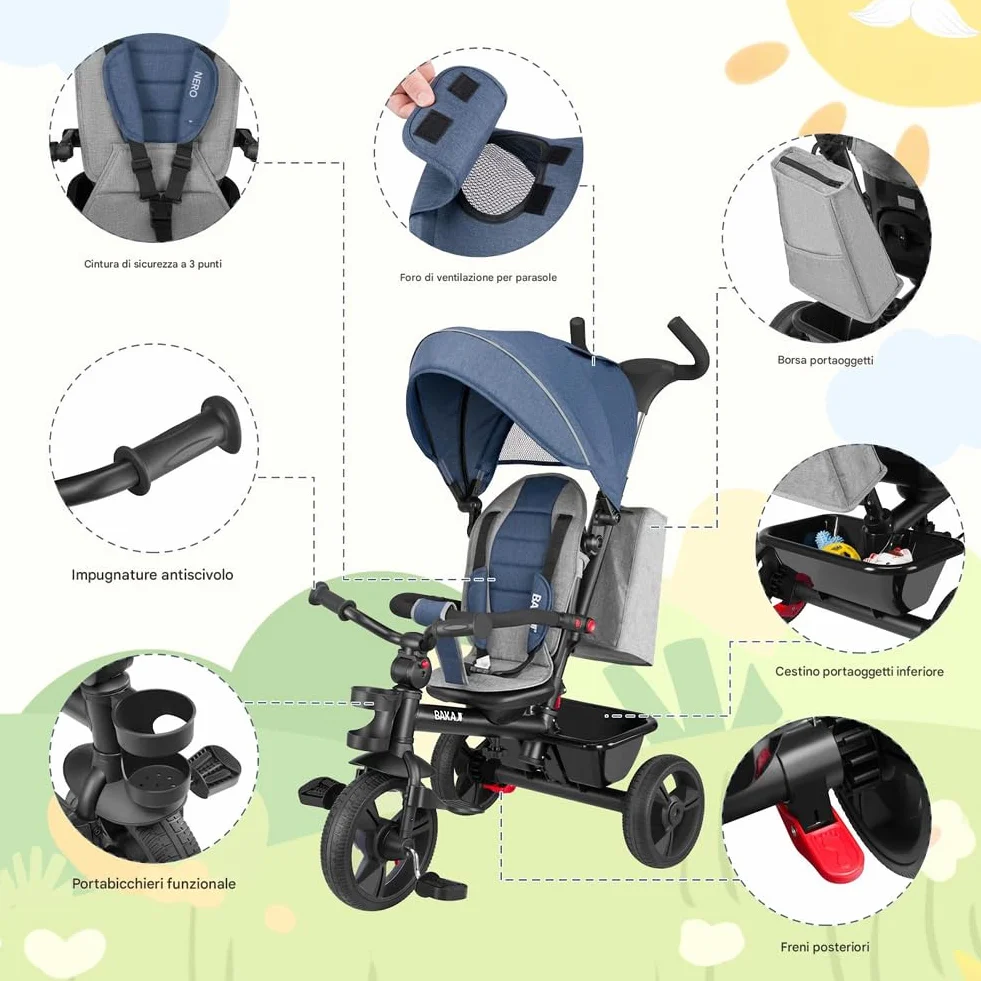 BAKAJI Triciclo Passeggino 4 in 1 per Bambini, Pedali o Manico Antiscivolo Ergonomico per Spinta, Sediolino Imbottito, Cinture di Sicurezza, Asta Direzionabile, Tettuccio Cappottino Parasole (Blu)