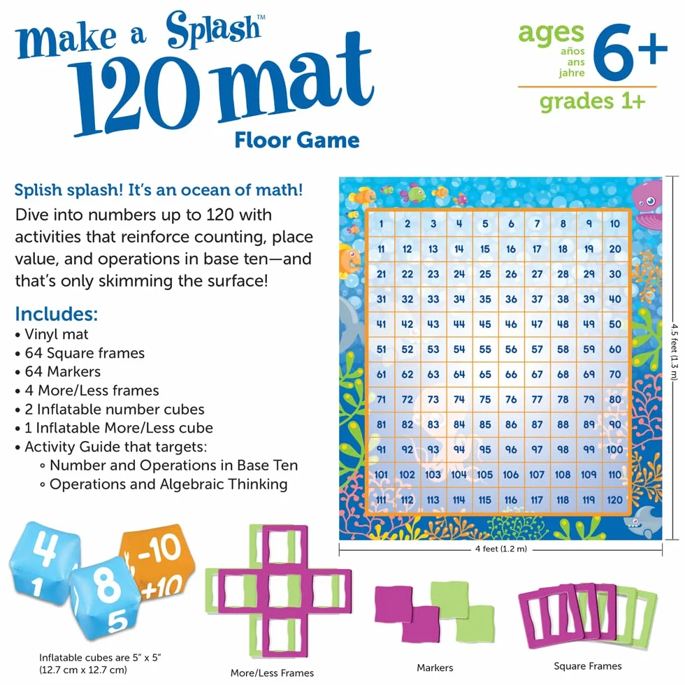 Learning Resources Make a Splash Tappeto Matematico da Pavimento 120 Numeri per Bambini 6+ Gioco Educativo STEM Addizioni Sottrazioni Regalo Natale Scuola