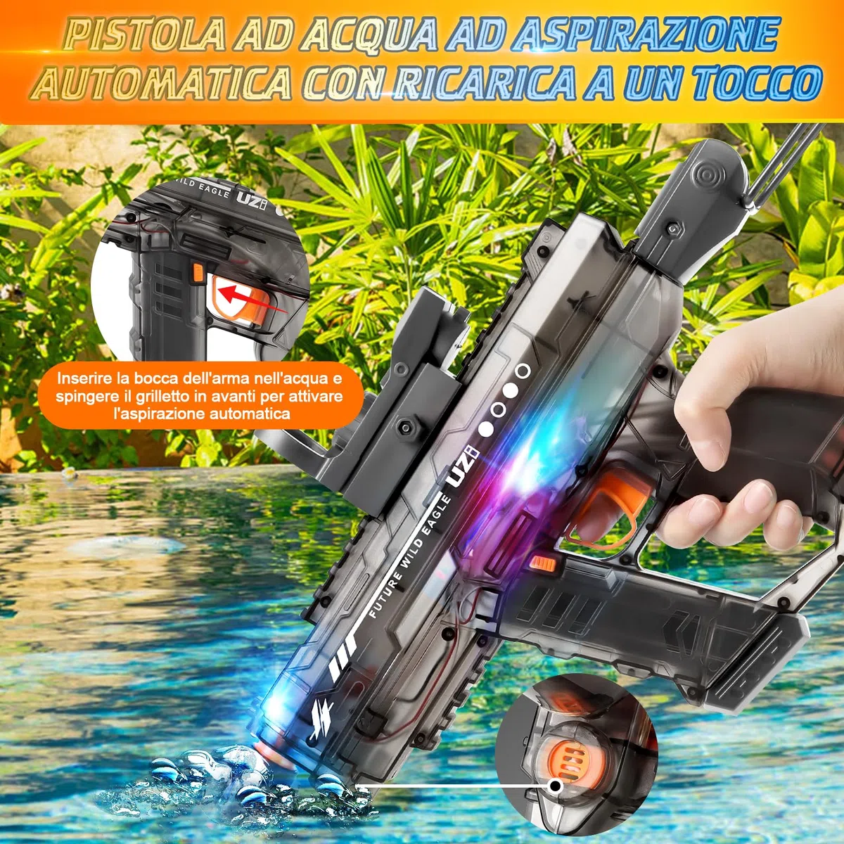 JONRRYIN Pistola ad Acqua Elettrica, Automatico Pistola 800ml - Portata 10 Metri, Ricaricabile Pistola con Effetti Flash & Suono per Bambini/Adulti(Spiaggia, Piscina, Giardino) (Nero)