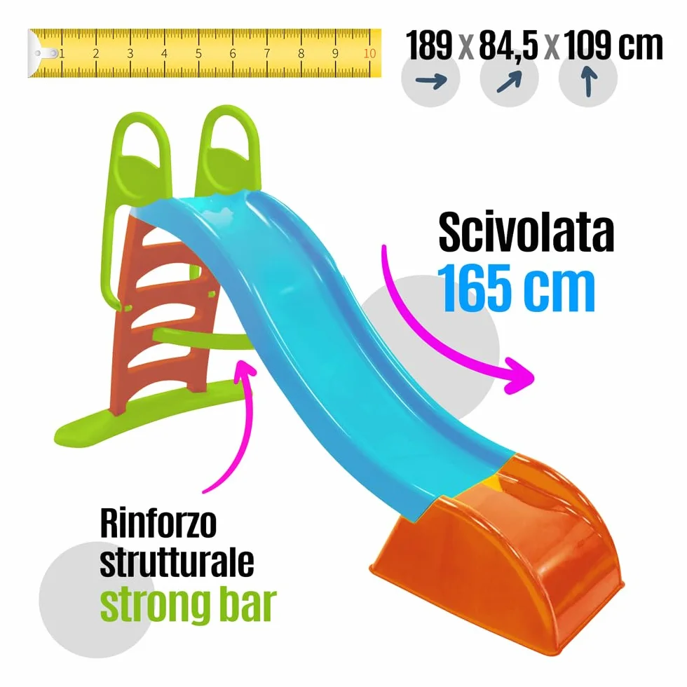 Scivolo per bambini 5 gradini con innesto acqua. Scivolo da giardino per bambini super resistente. Scivolo per bambini da casa in plastica 180x78x110cm. Multicolor Max 50kg (Blu)