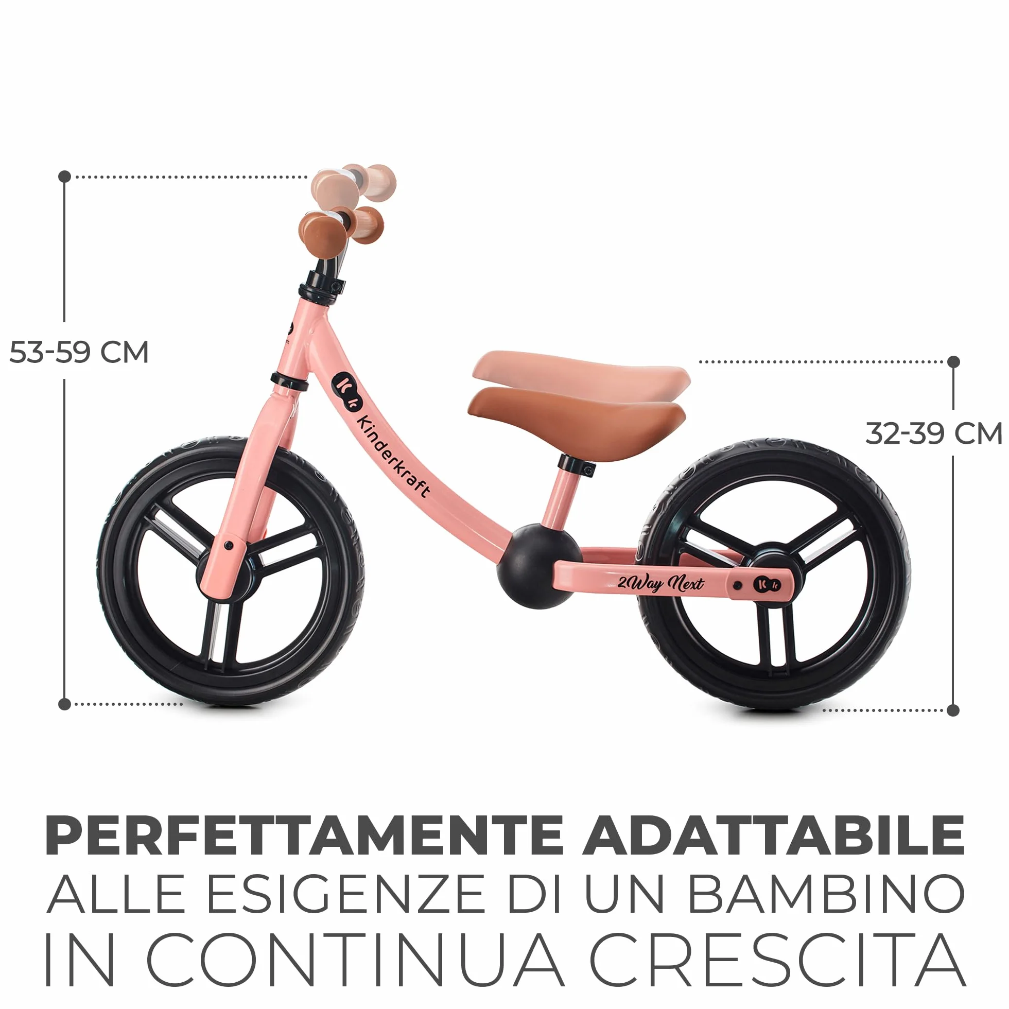 kk Kinderkraft 2WAY NEXT Bicicletta bambini 2-5 anni, Bici senza pedali, 12 polici ruote, Design sportivo, Regolazione della sella, Bloccasterzo, Montaggio facile, Struttura leggera, Rosa