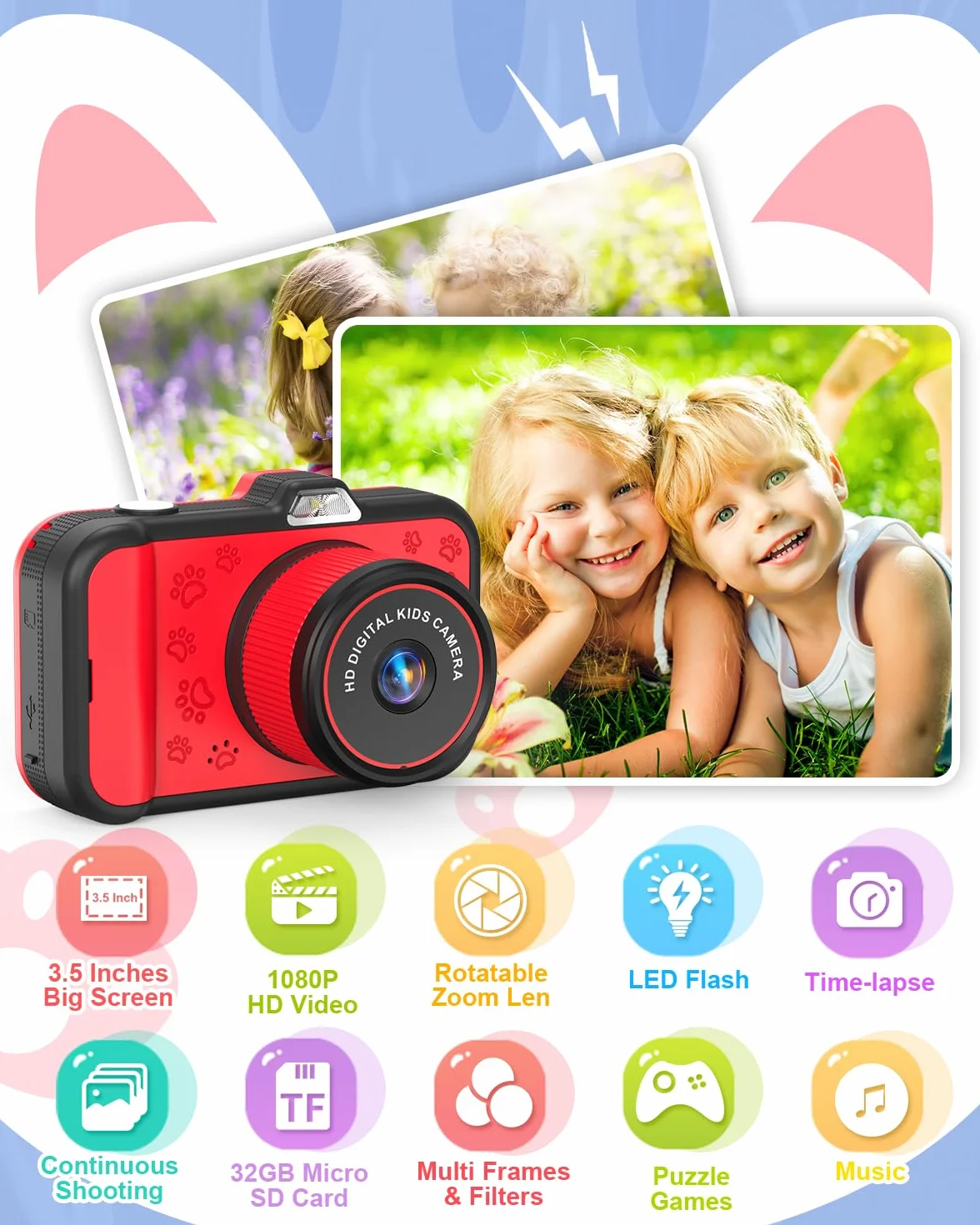 Macchina Fotografica Bambini,Usteetic 3,5” Grande Schermo 1080P Fotocamera Digitale Bambini con 360° Obiettivo Zoom LED Flash 32GB TF Scheda,Regalo di Natale Giocattolo per 3 4 5 6 8 7 9 10 11 12 Anni