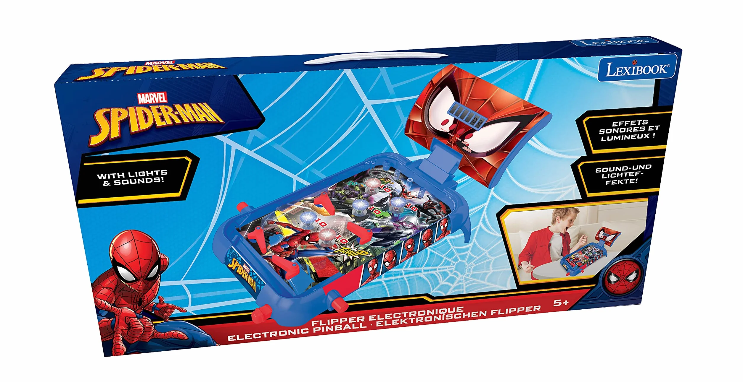 Lexibook, Spider-Man, Flipper elettronico da Tavolo, Gioco d'azione e di riflessi per Bambini e Famiglie, Schermo LCD, Effetti Luminosi e sonori, Blu/Rosso, JG610SP