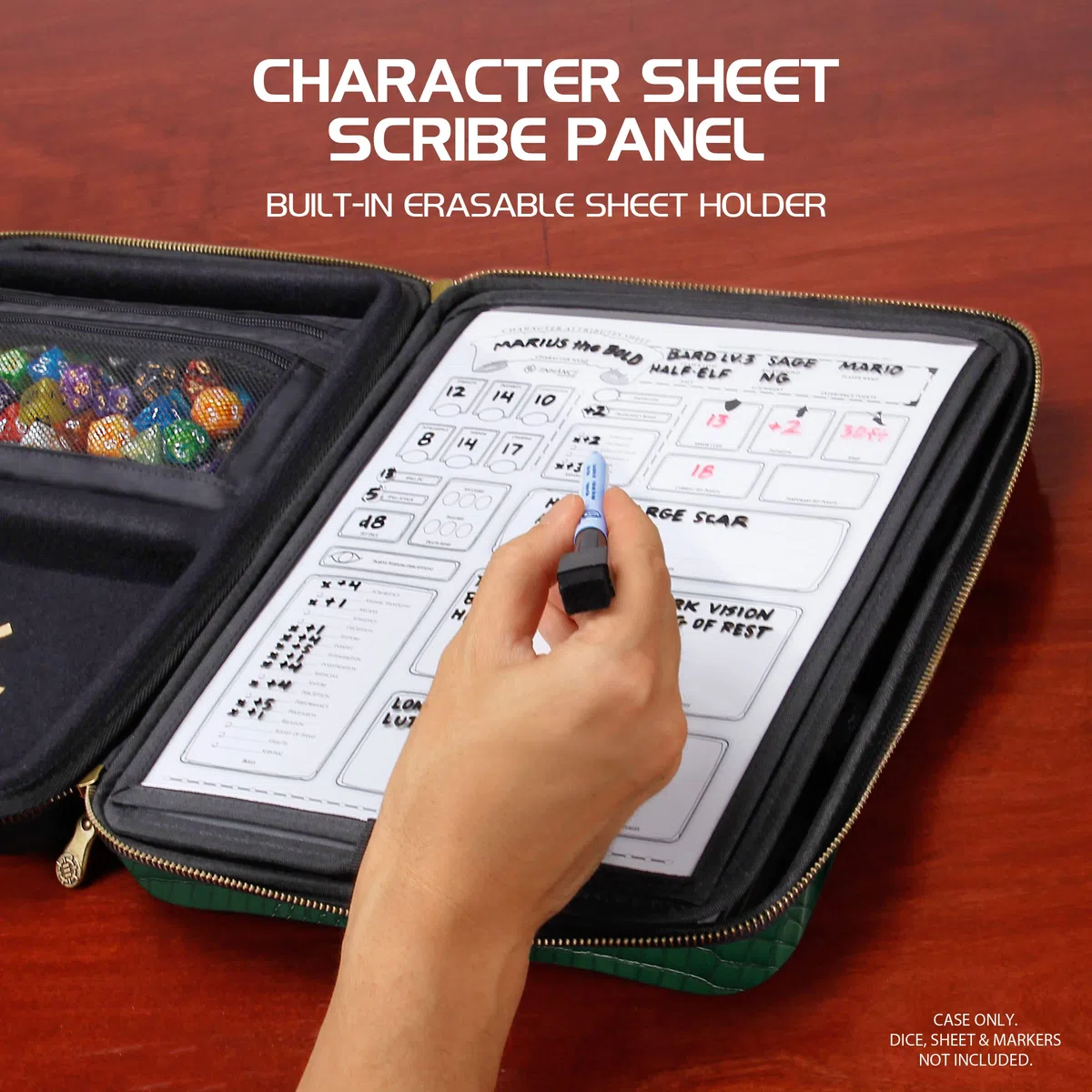 ENHANCE Custodia Organizer per Giochi di Ruolo in Edizione da Collezione - Raccoglitore DND con Supporto per Fogli di Personaggi Integrato e Pannello per Scriba Cancellabile (Dragon Verde)