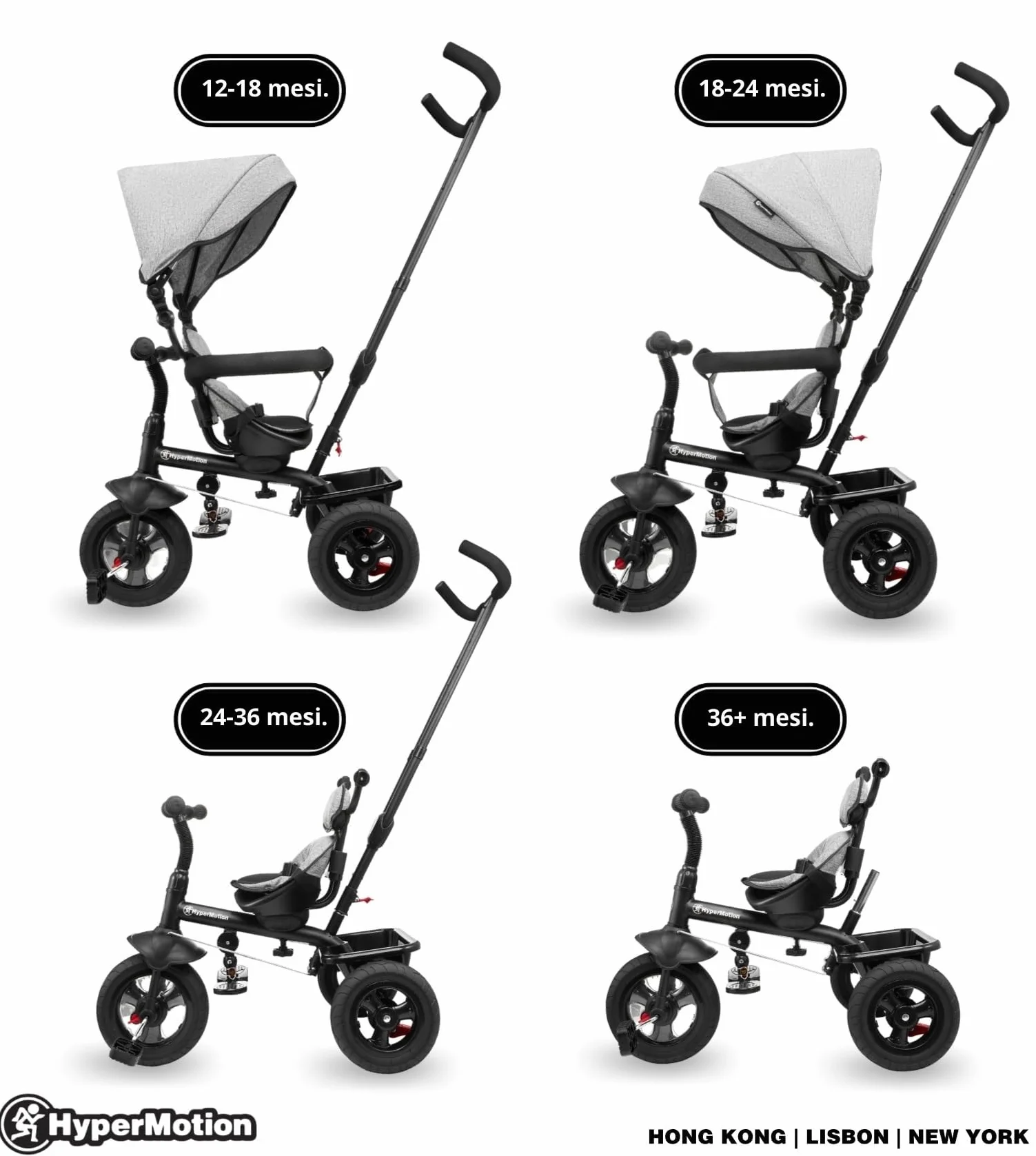 HyperMotion Triciclo Pieghevole per Bambini 1-4 Anni con Manubrio per Genitori - Bicicletta Evolutiva fino a 20kg - Monopattino Bambino Regolabile con Struttura Ergonomica, Grigio