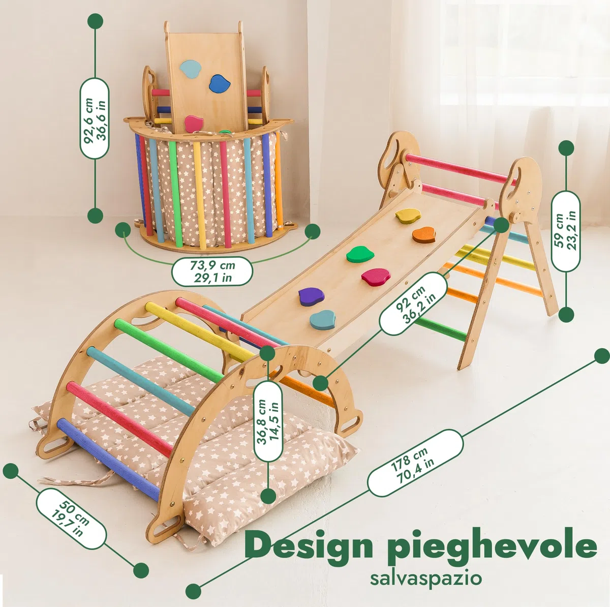 Set Montessori 5-in-1 per arrampicata: triangolo da arrampicata, arco con cuscino e scivolo per bambini 1-3 anni
