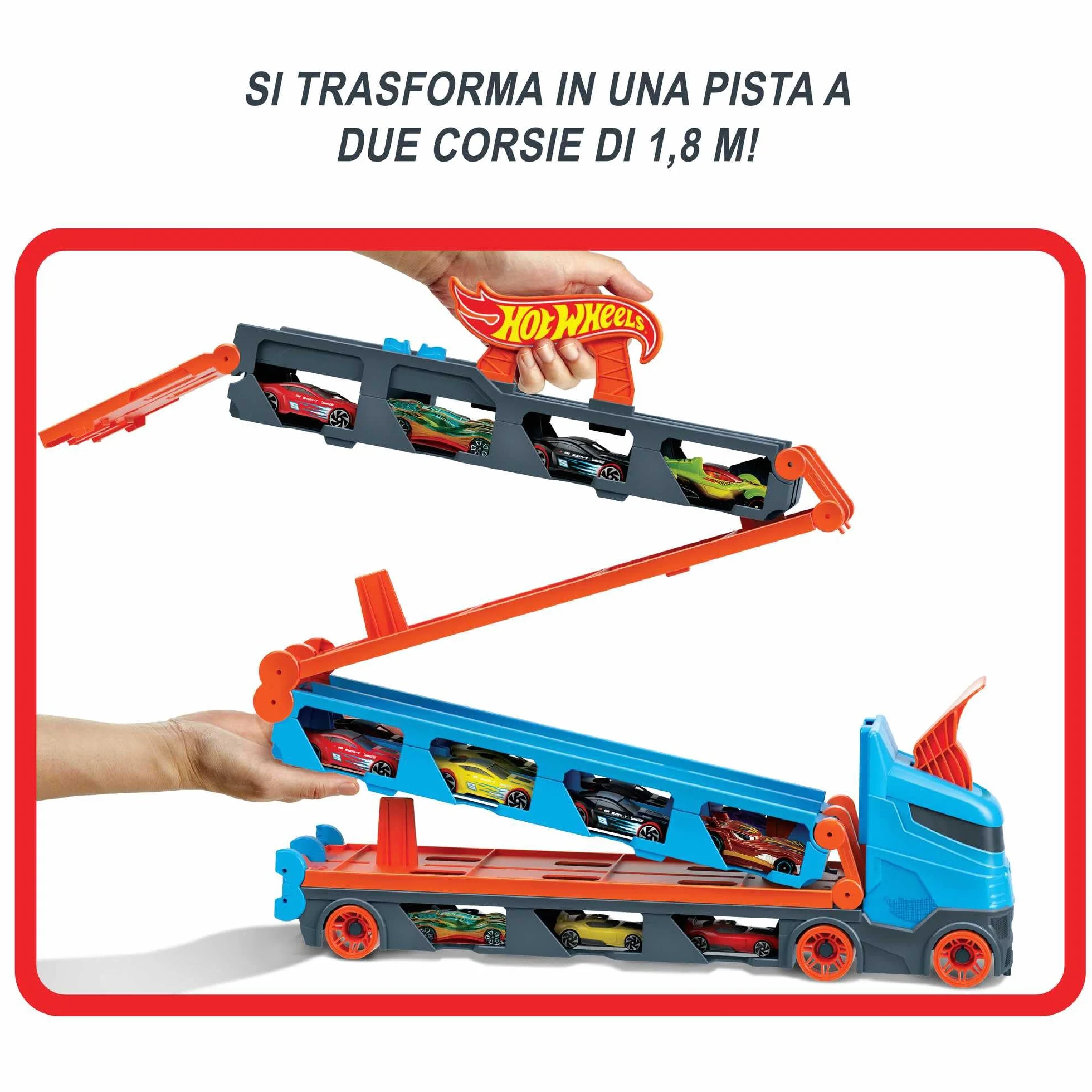 Hot Wheels - Camion Trasportatore 2 in 1, Trasportatore e Pista con 3 Auto in Scala 1:64 per Bambini da 4 a 8 Anni, HGH33, Imballaggio Sostenibile