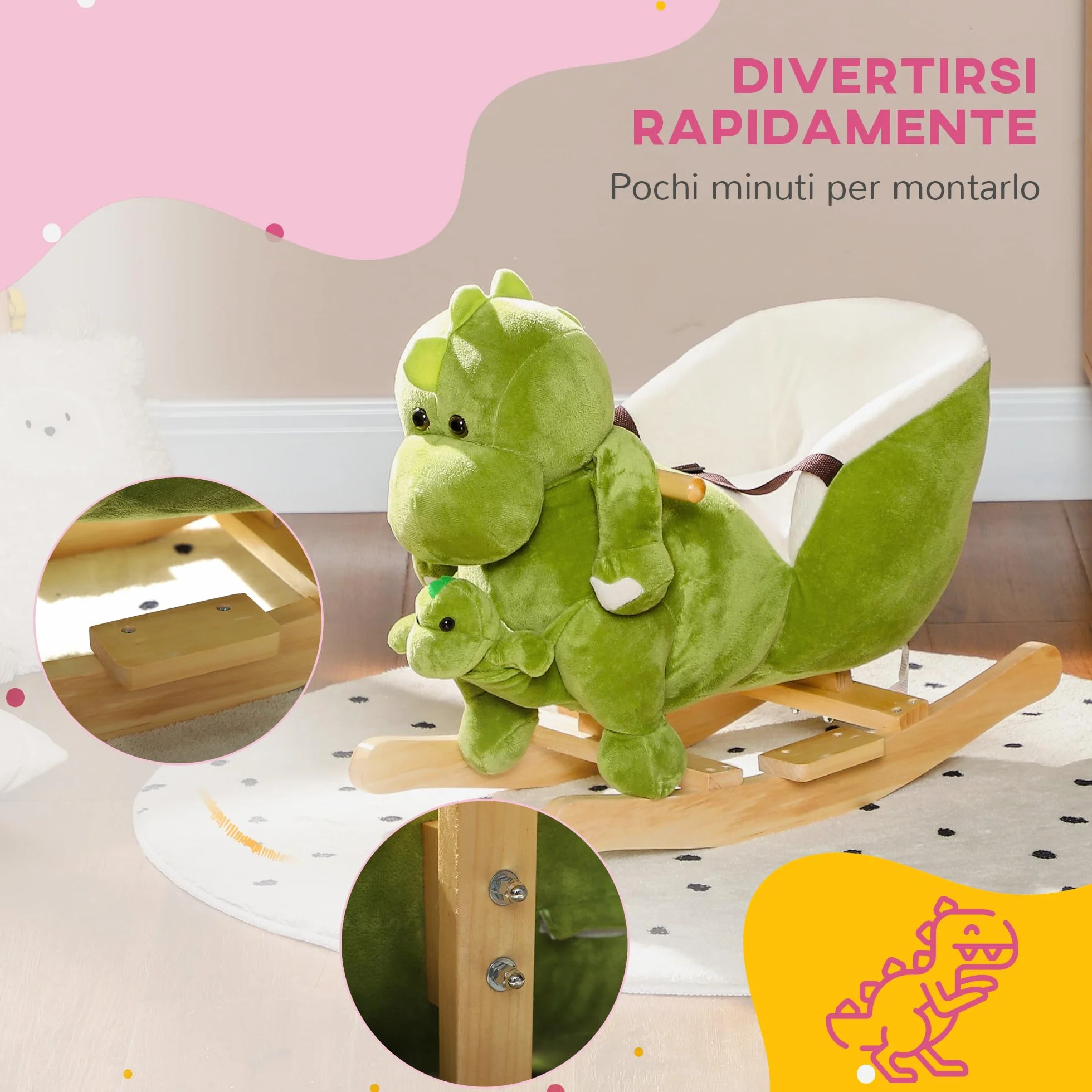 AIYAPLAY Cavallo a Dondolo per Bambini a Dinosauro con Marionetta, Cavallino Cavalcabile con Suoni e Rivestimento Morbido, Età 18-36 Mesi, Verde