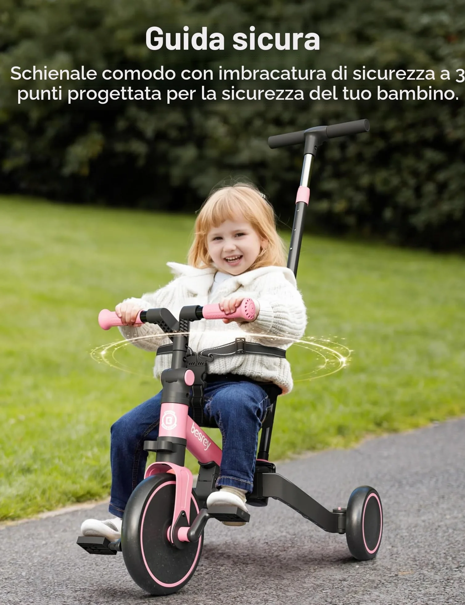 besrey Triciclo per Bambini 4 in 1, Bici senza Pedali per bambine e bambini da 1 a 3 anni, Triciclo con Maniglia di Spinta, Schienale e Cintura di Sicurezza, Rosa