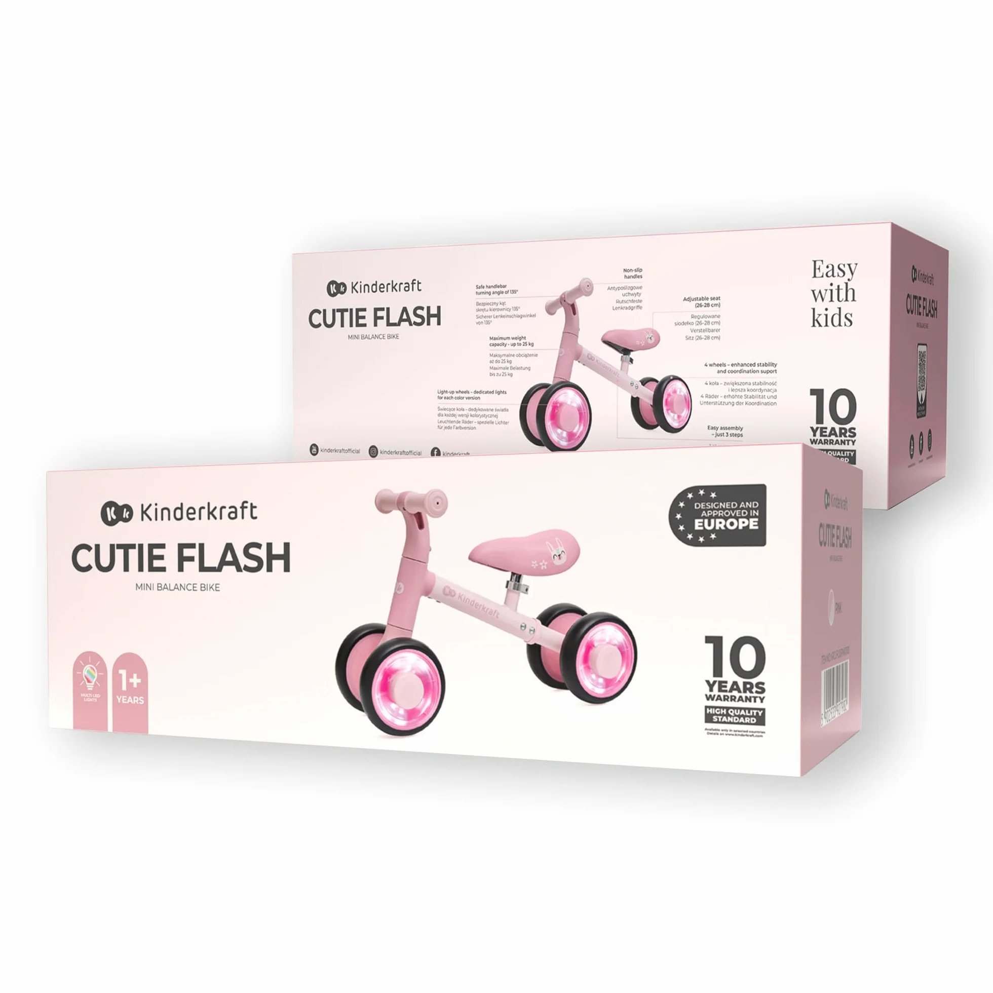 Kinderkraft CUTIE FLASH, bicicletta educativa per bambini, senza pedali, ruote con luci a LED, design moderno, costruzione sicura, per bambini a partire da 1 anno, Rosa