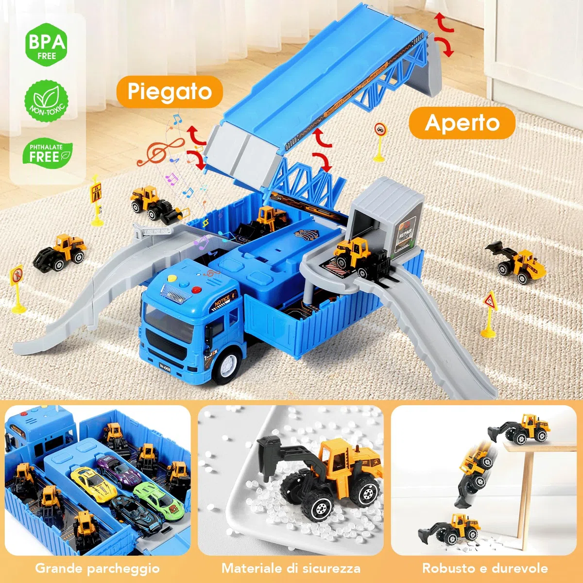 MOONTOY Cantiere Giocattolo per Bambini Camion Pista Macchinine Gru Bisarca con Escavatore Bulldozer Betoniera Rullo Compressore Regalo 3 4 5 6 Anni