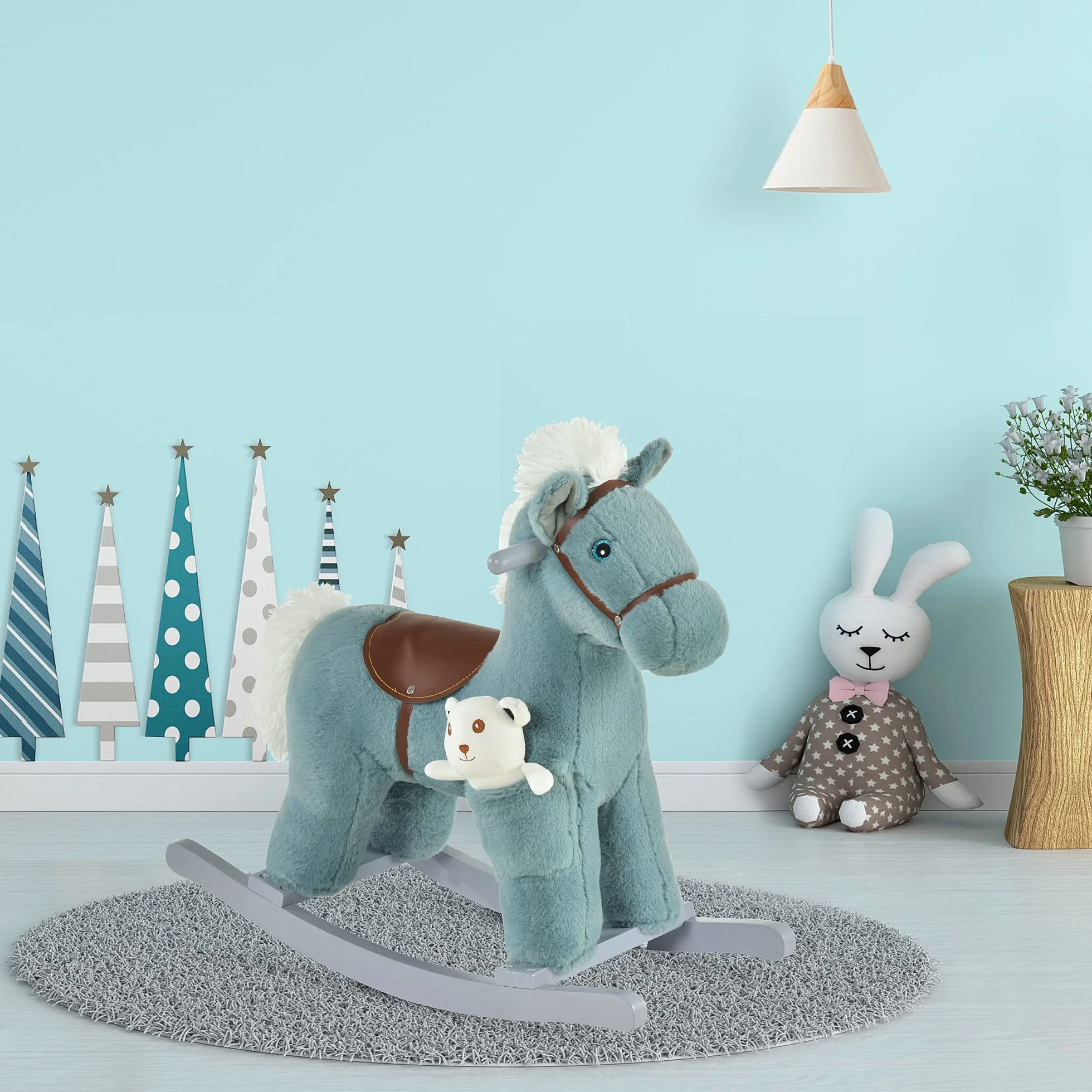 HOMCOM Cavallo a Dondolo per Bambini in Peluche e Legno con Suoni e Orsetto Incluso, per Bimbi da 18-36 Mesi, 65x26x55cm, Blu