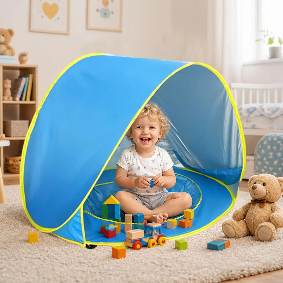 Tenda da Spiaggia Baby Pop Up Anti UV UPF 50+ con Mini Piscina Separabile Portatile per Bambini Blu