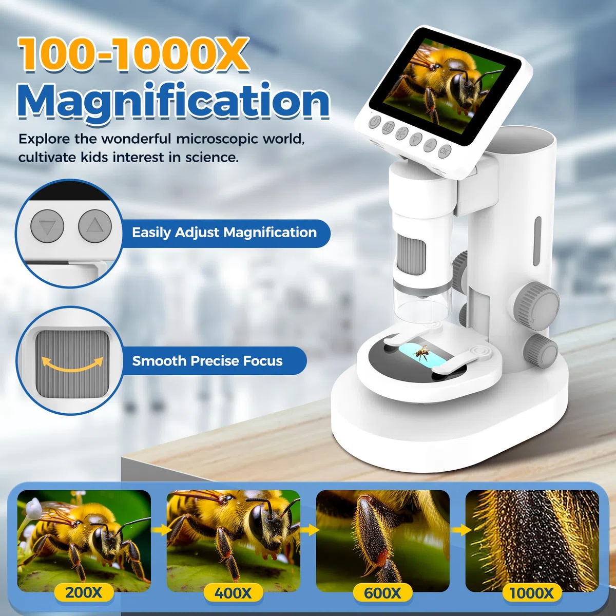 USCAMEL 1000X Microscopio Digitale per Bambini - Schermo 4K 3.5", Elettronico Ricaricabile con Kit di Vetrini - Educativo ingrandimento per monete, piante, insetti, apprendimento scientifico