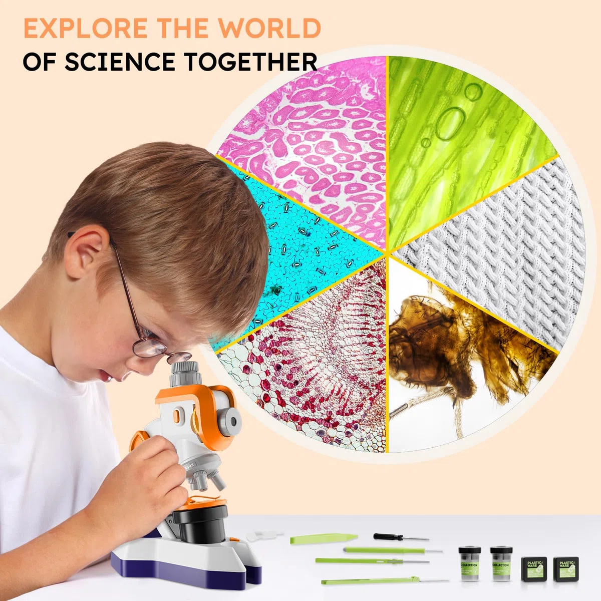 MAXLAPTER Microscopio per Bambini 1200X con Proiettore: Microscopio con Vetrini Preparati e Borsa per la Conservazione - Regali di Scienza Edu per Bambini Principianti di 8-12 Anni (Arancione-Viola)