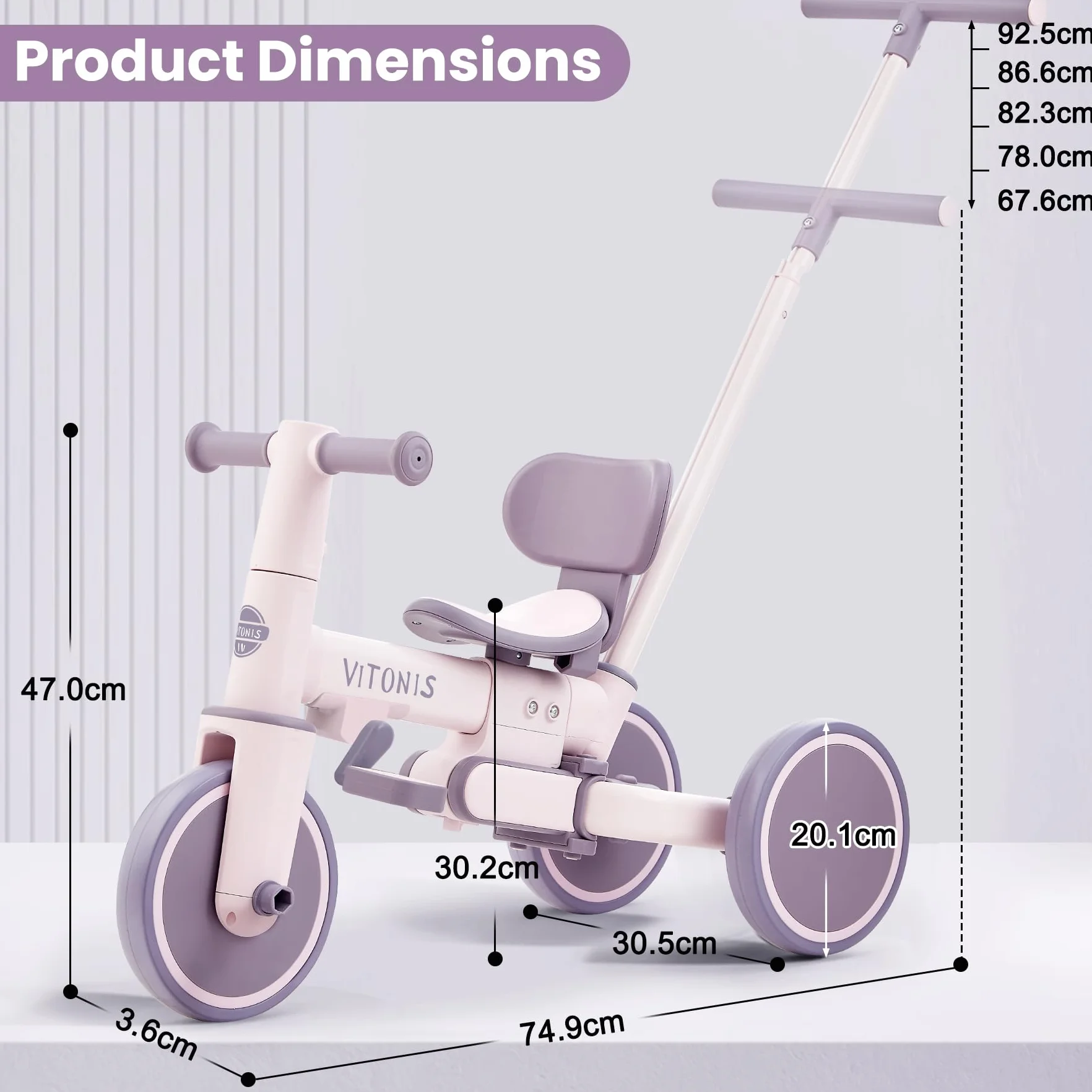 VITONIS bicicletta senza pedali da 1 anno, triciclo 5 in 1 con barra di spinta per bambini, girello per bambini da 1 a 3 anni Regali e giocattoli (viola)