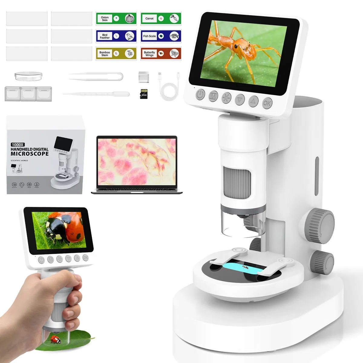 USCAMEL 1000X Microscopio Digitale per Bambini - Schermo 4K 3.5", Elettronico Ricaricabile con Kit di Vetrini - Educativo ingrandimento per monete, piante, insetti, apprendimento scientifico