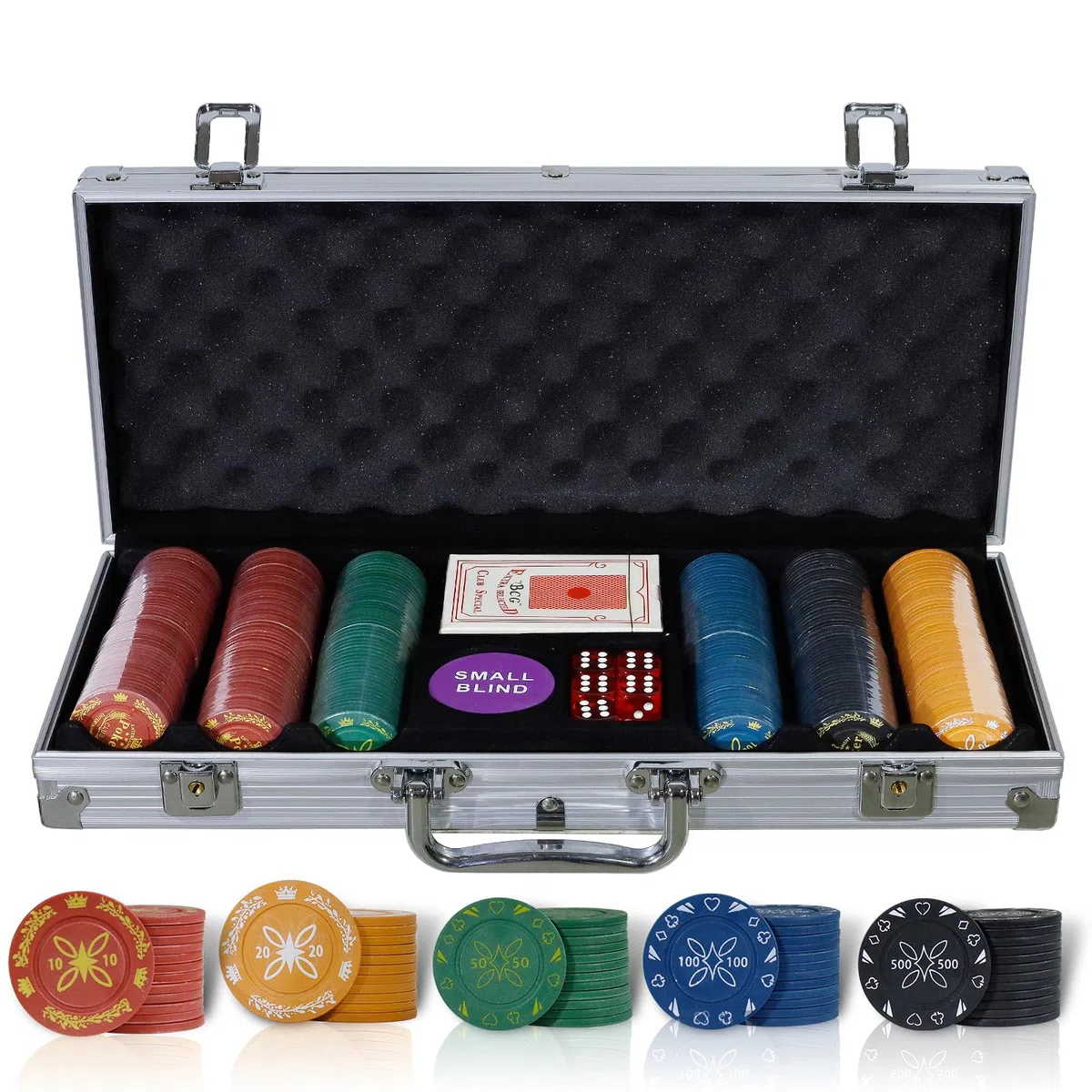 Set da Poker 300/500 Chips di Stampa in Plastica,Valigetta Poker Professionale in Alluminio con mazzi di Carte,Dadi,Pulsante Dealer