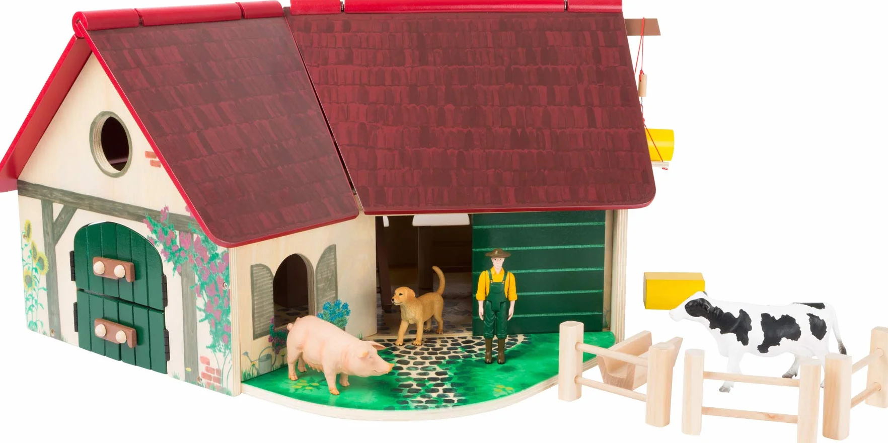 WoodFriends 11005 Azienda agricola in legno con animali, recinto, recinto, gru, scala e contadino, a partire dai 3 anni di età
