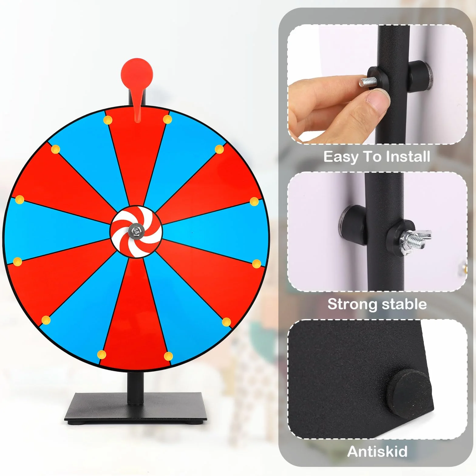Kit Ruota dei Premi Girevole da 40cm, Ruota della Lotteria a 12 Slot con Supporto Ruota della Roulette Ruota da Tavolo per Carnevale Fiere Vinci Giochi di Giri della Fortuna (Rosso & Blu)
