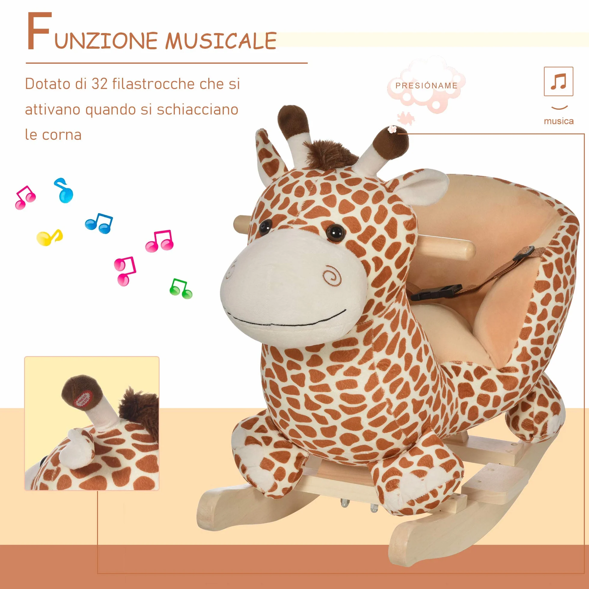 HOMCOM Cavallo a Dondolo in Legno Giraffa per i Bambini 60x33x45cm