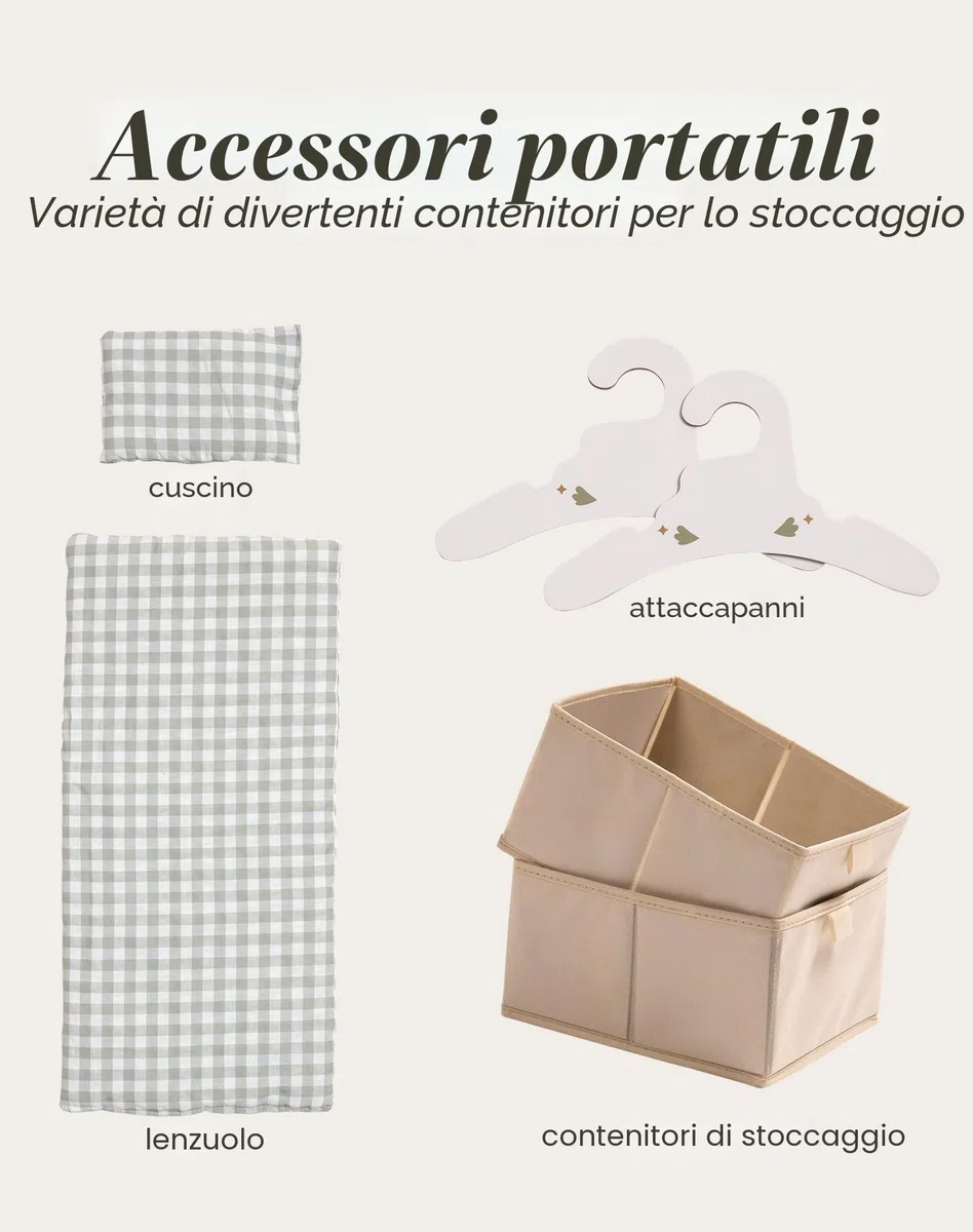 ROBOTIME Mobiletto per Culla in Legno da 22" con Ripostiglio - Verde e Beige per Accessori, Vestiti e Biancheria della Bambola - Mobili per Bambole, Regalo Perfetto dai 3 Anni