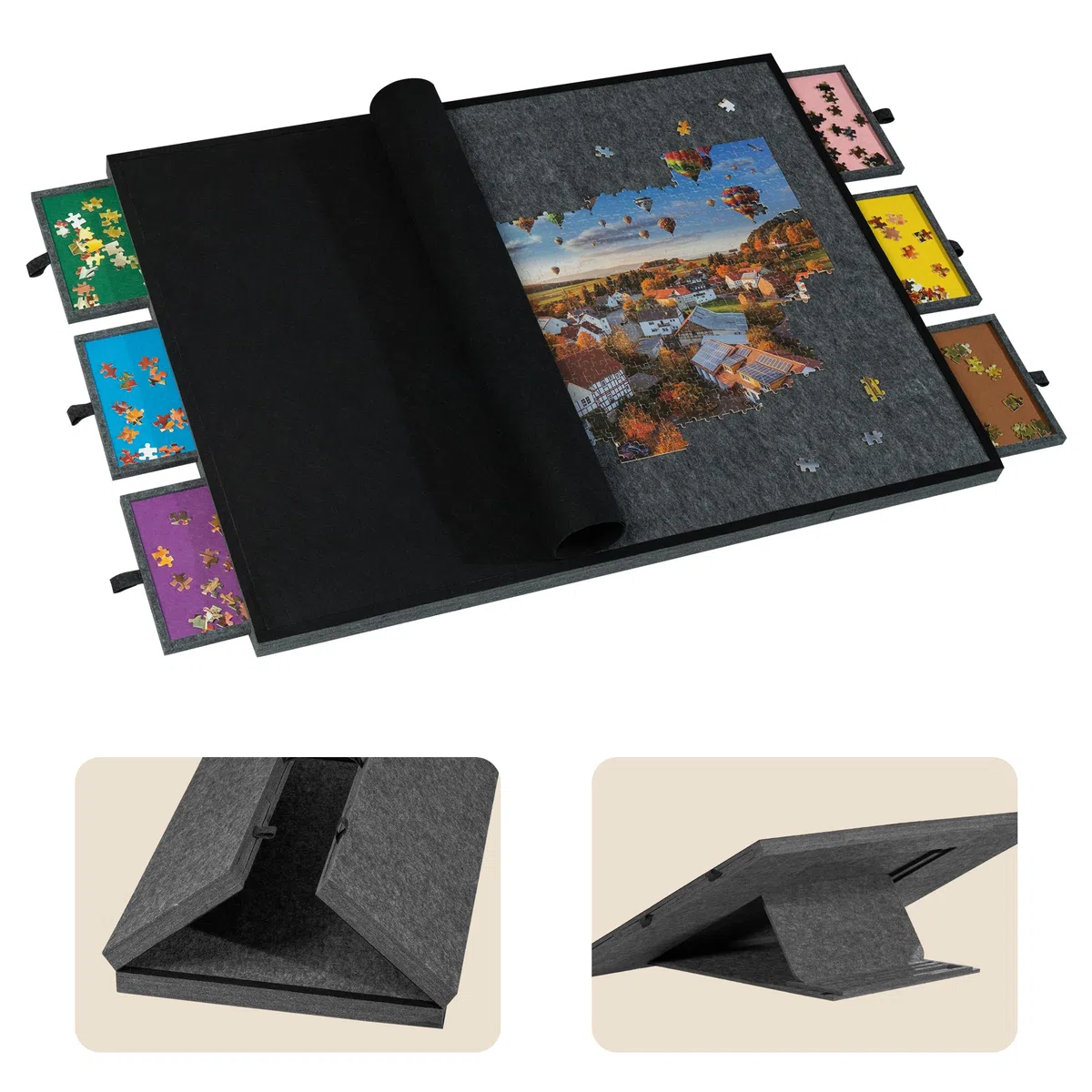 Tektalk Tavolo puzzle pieghevole con coperchio, 3 angoli di inclinazione, in feltro leggero e portatile, con 6 cassetti di classificazione, per fino a 2000 pezzi, grigio scuro