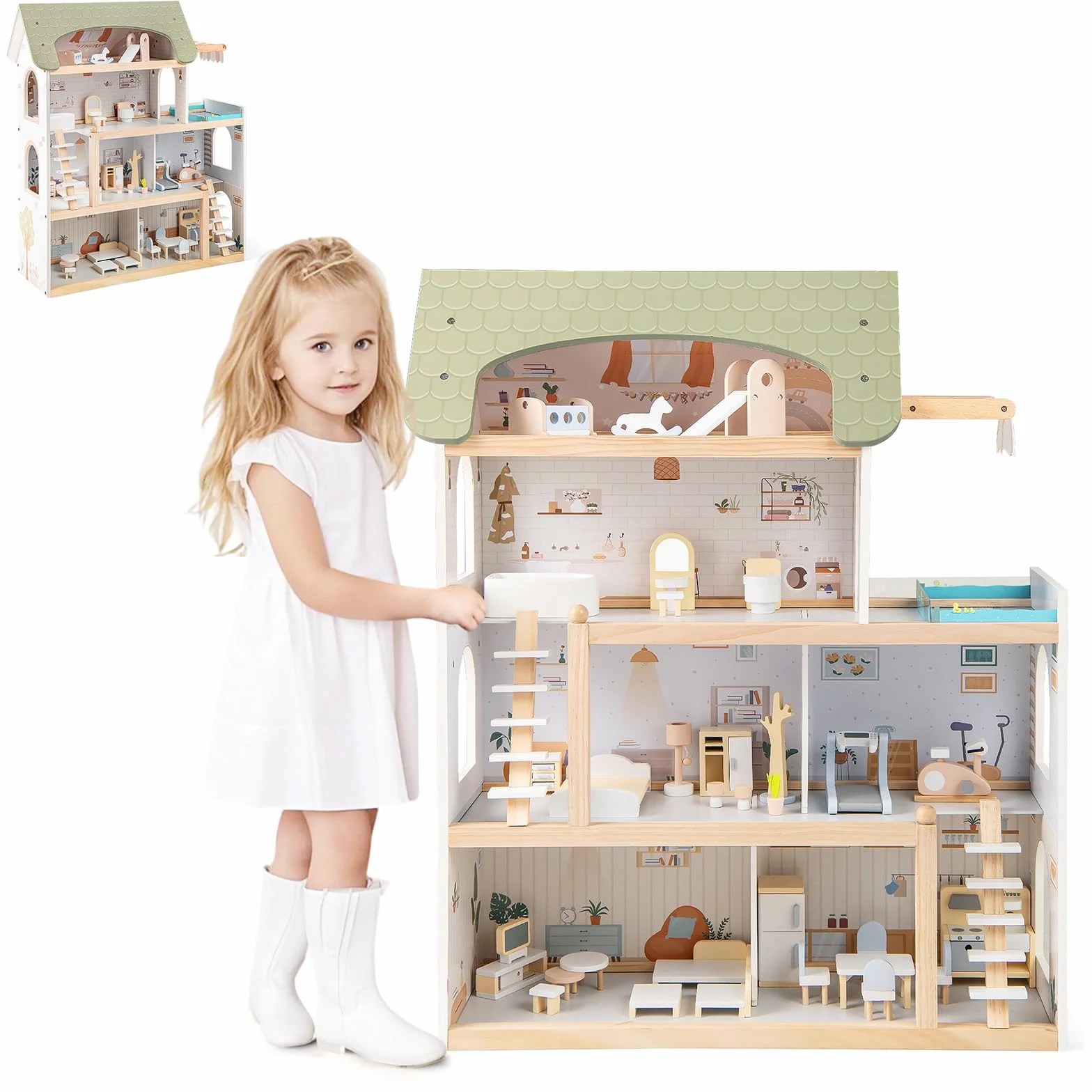 HOMASIS Casa delle Bambole in Legno per Bambini, Bella Casa da Sogno Principessa per Bambole, Casseta da Gioco per Bambini 3+ Anni (Modello 2, 63 x 25 x 78 cm)