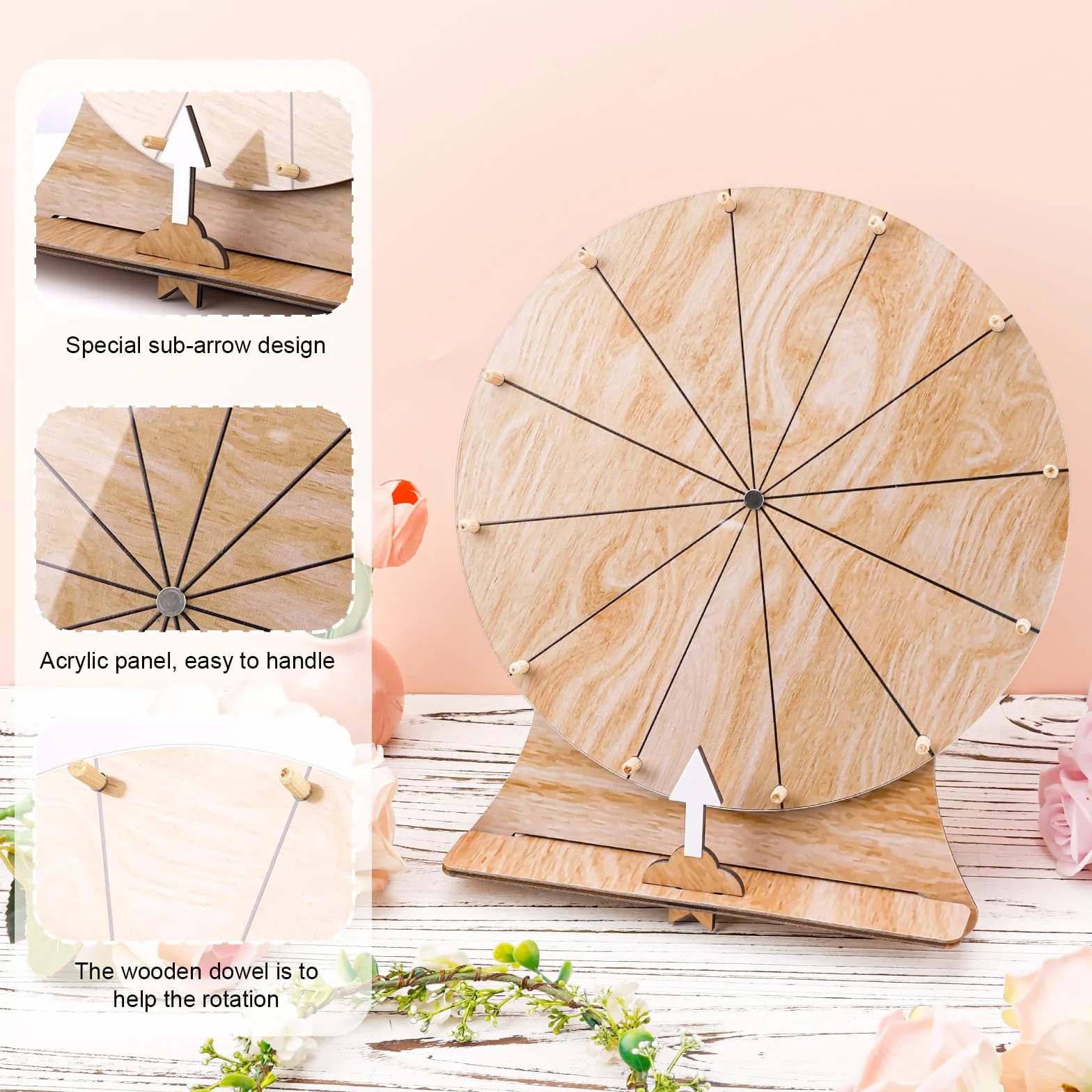 NQEUEPN Ruota della Fortuna da 30cm, in Legno Gioco Della Ruota Girevole della Lotteria con Supporto Ruota della Roulette Premio da Tavolo Girevole per Matrimonio Giochi di Famiglia(Stile 1)