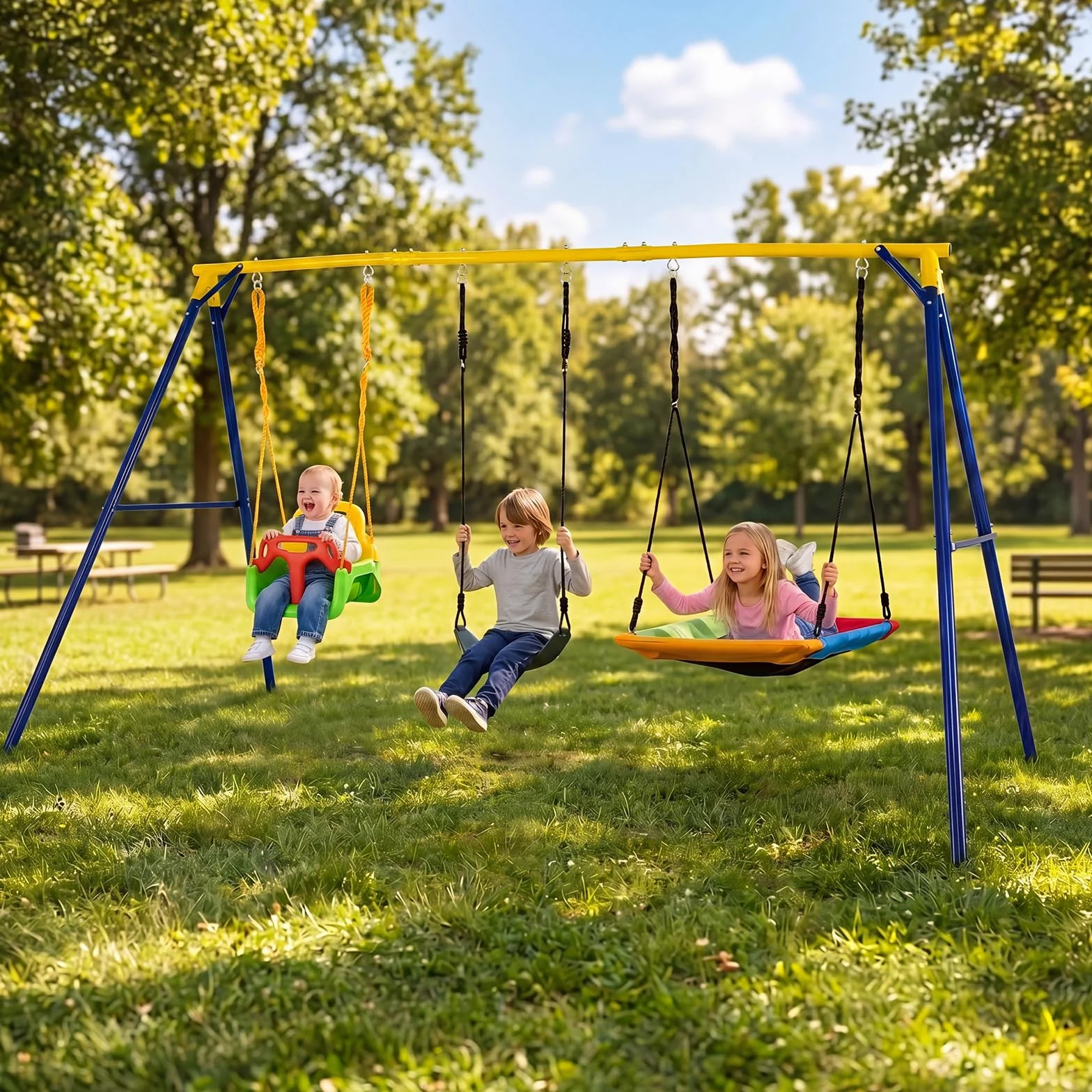COSTWAY Set di Altalene da Interno e da Esterno, 3 in 1 Altalena da Giardino per Bambini, Corde Regolabili, per Giardino e Parco, Portata 300 kg