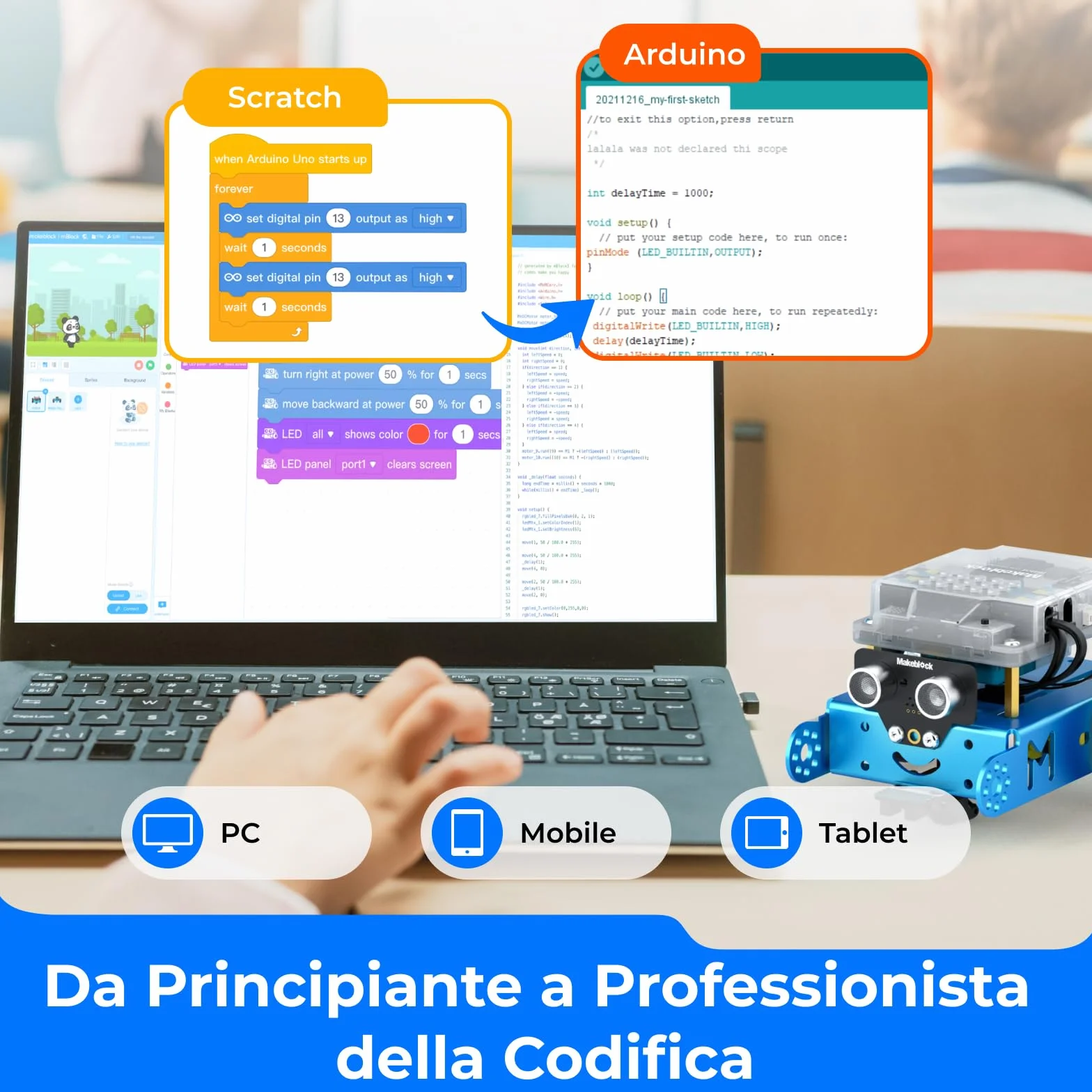 Makeblock mBot Robot Programmabile, STEM Giocattolo Compatibile con Programmazione Scratch / Arduino, Regali per Bambini Fonction Rileva Ostacoli, Segui linea, Robot di Codifica Robotico Kit - Blu