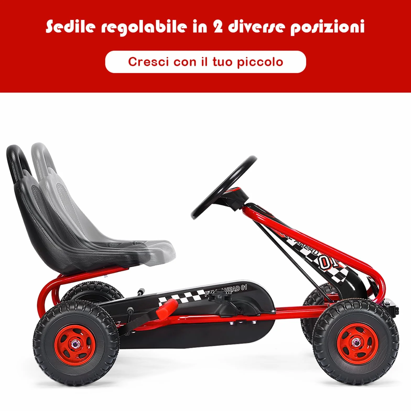 COSTWAY Go Kart a Pedali per Bambini, Veicolo con Sedile Regolabile e Freno a Mano, Portata 30 kg Rosso