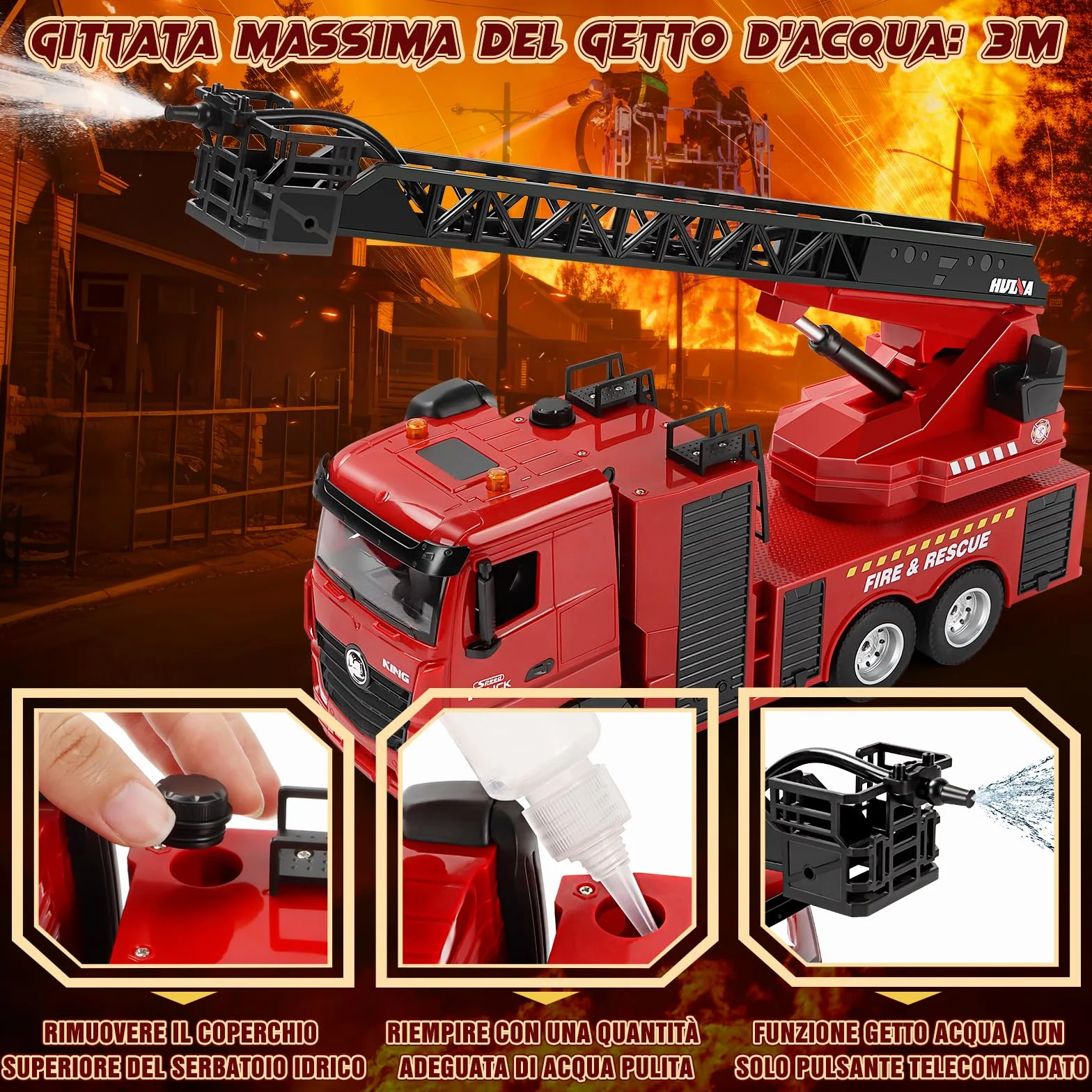 Joellfuner Camion Pompieri Giocattolo, 1:18 15 Canali Camion Pompieri Telecomandato, Giochi Vigili del Fuoco Radiocomandato Grande con Luci, Scala Retrattile e Pompa Spruzzatrice d'acqua per Bambini