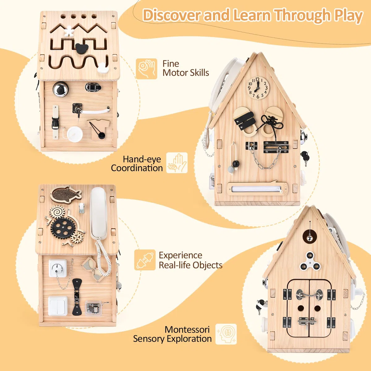potatomato Casa Busy Montessori in Legno – Gioco con Tavola Motoria per Bambini Piccoli – Giocattolo Educativo per la Scuola Materna – Tavola Sensoriale per Lo Sviluppo della Motricità Fine