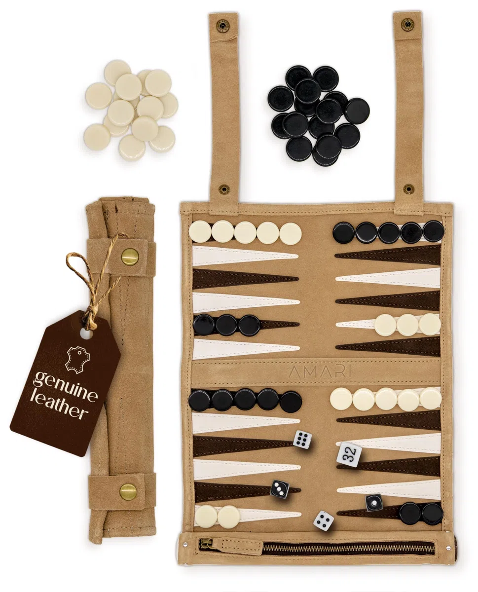 Amari ® Backgammon da viaggio in 100% pelle – Backgammon pieghevole per viaggi e viaggiare – Back Gammon di alta qualità valigia gioco da viaggio in pelle