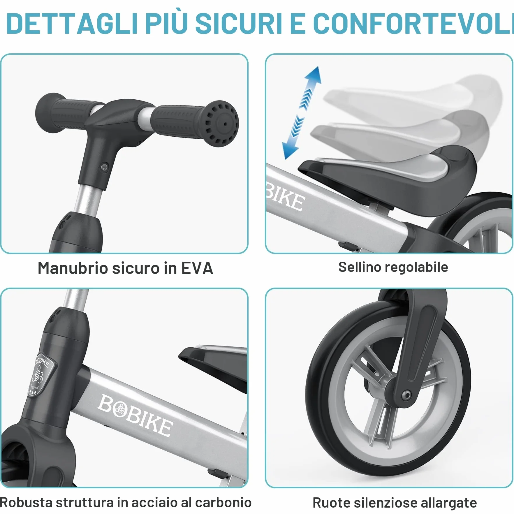 MHCYLION Bicicletta Bambini Senza Pedali per 1,5-4 Anni Fino a 25 Kg, volante e sellino Regolabili in Altezza, Bloccasterzo, Giocattoli Regali per Bambini Bicicletta Equilibrio Bambino,Argento