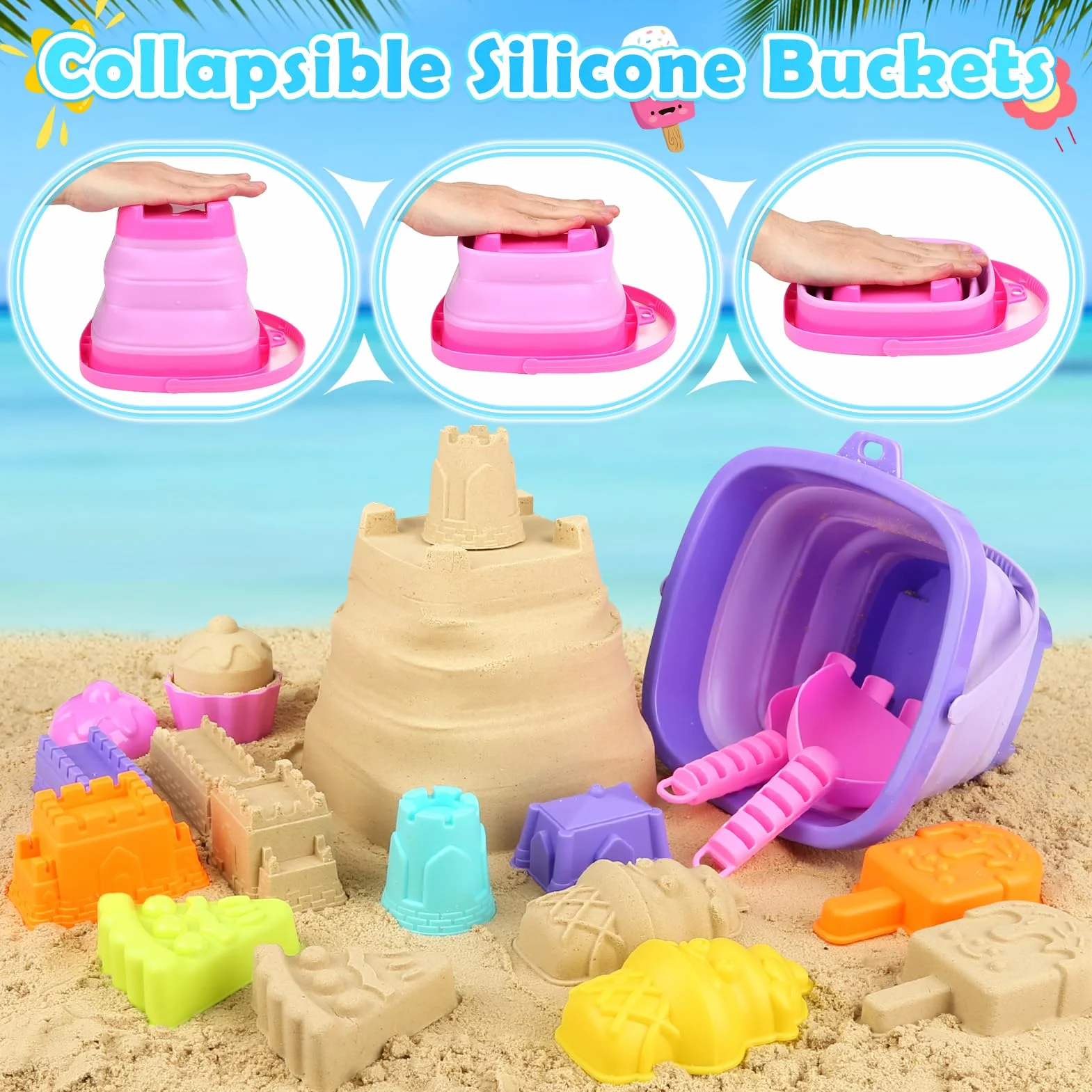 Joyreal 49 Pezzi Gelato Giochi Spiaggia Bambini - Secchiello Pieghevole, Paletta, Borsa Rete, Stampi per Dolce