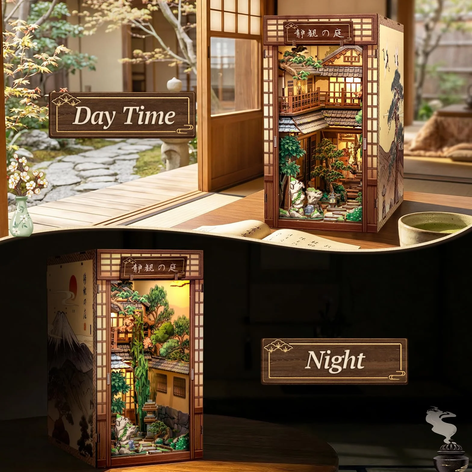 CUTEBEE Book Nook - Kit per casa delle bambole per adulti, casa giapponese in miniatura con luce LED, decorazione per libreria, regalo unico (cortile sereno)