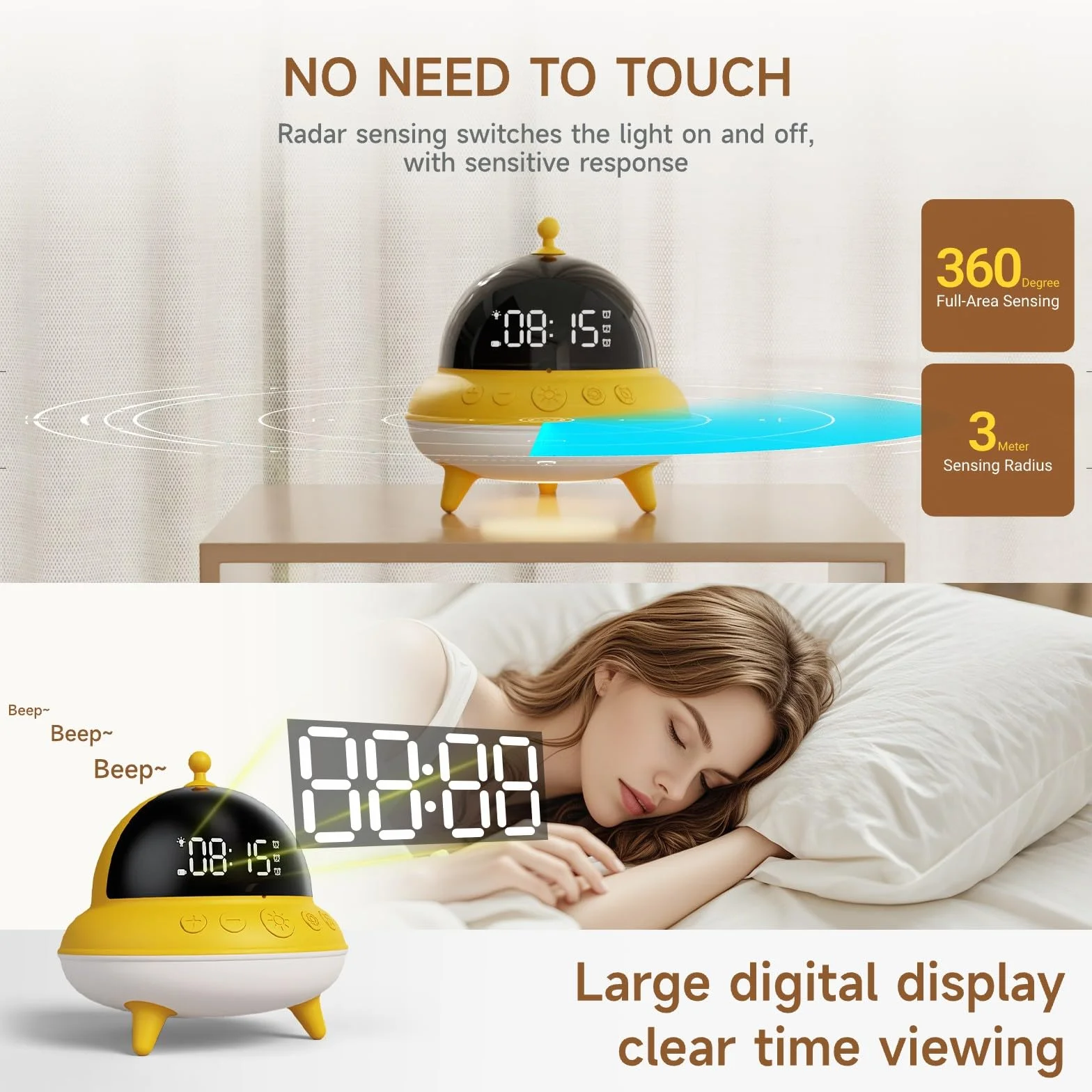 BEAVERLAB - Sveglia per bambini e ragazzi, con 7 colori, luce notturna per bambini, 0 dB, carica USB-C e batteria da 15 giorni, per camera da letto
