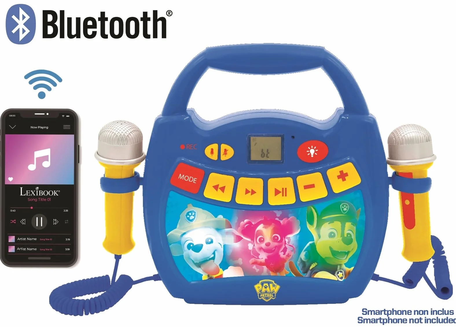 Lexibook – Paw Patrol - Lettore Musicale Karaoke Portatile per Bambini - Microfoni, Effetti di Luce, Bluetooth, Blu/Rosso, MP320PAZLXB