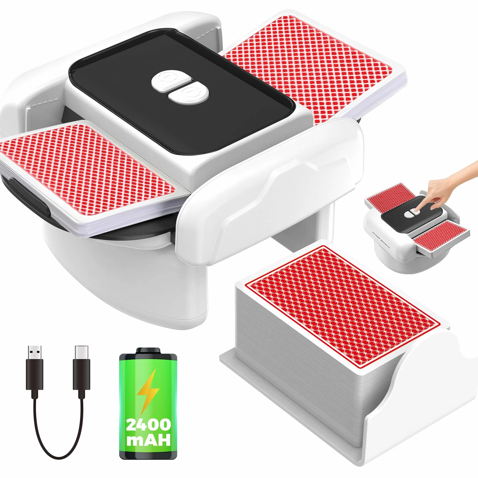 Shuffler automatico di carte, 2 modalità di funzionamento, ricaricabile con batteria a lunga durata, silenzioso, per UNO, Poker, carte Blackjack, nero (bianco e nero)