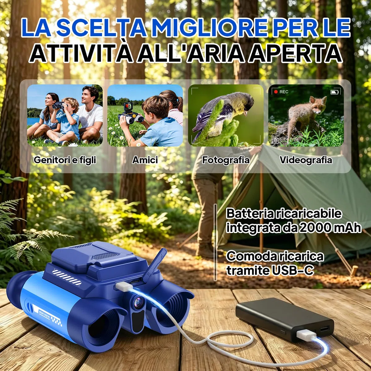 Ashfly Binocolo Digitale per Bambini con Schermo 2,4", Zoom 10x, Giochi Integrati, Modalità Visione Notturna e Fotocamera – Gioco Educativo Esplorazione Natura, 7+ Anni, blu