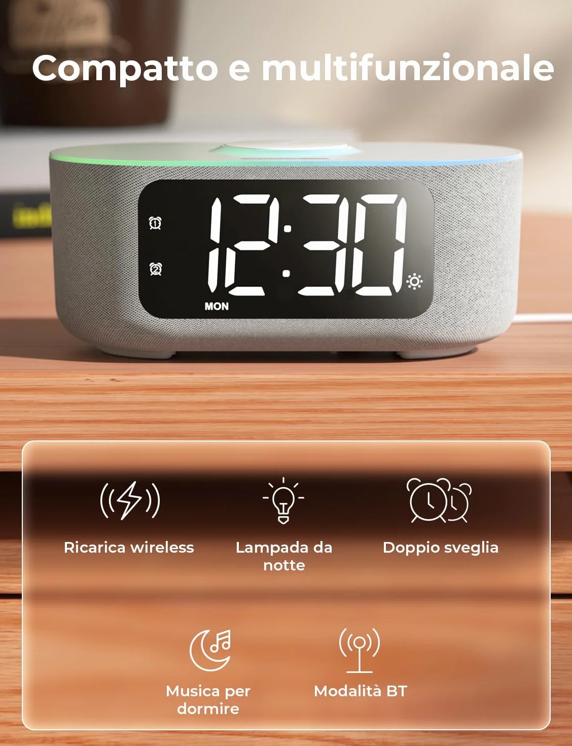 LIORQUE Sveglia Digitale Da Comodino Con Ricarica Wireless Da 15 W, Bluetooth,Doppi Allarmi, Snooze, Luce Noctturna, Timer Di Spegnimento, 10 Luminosità, 16 Livelli Di Volume,per Camera Da Letto