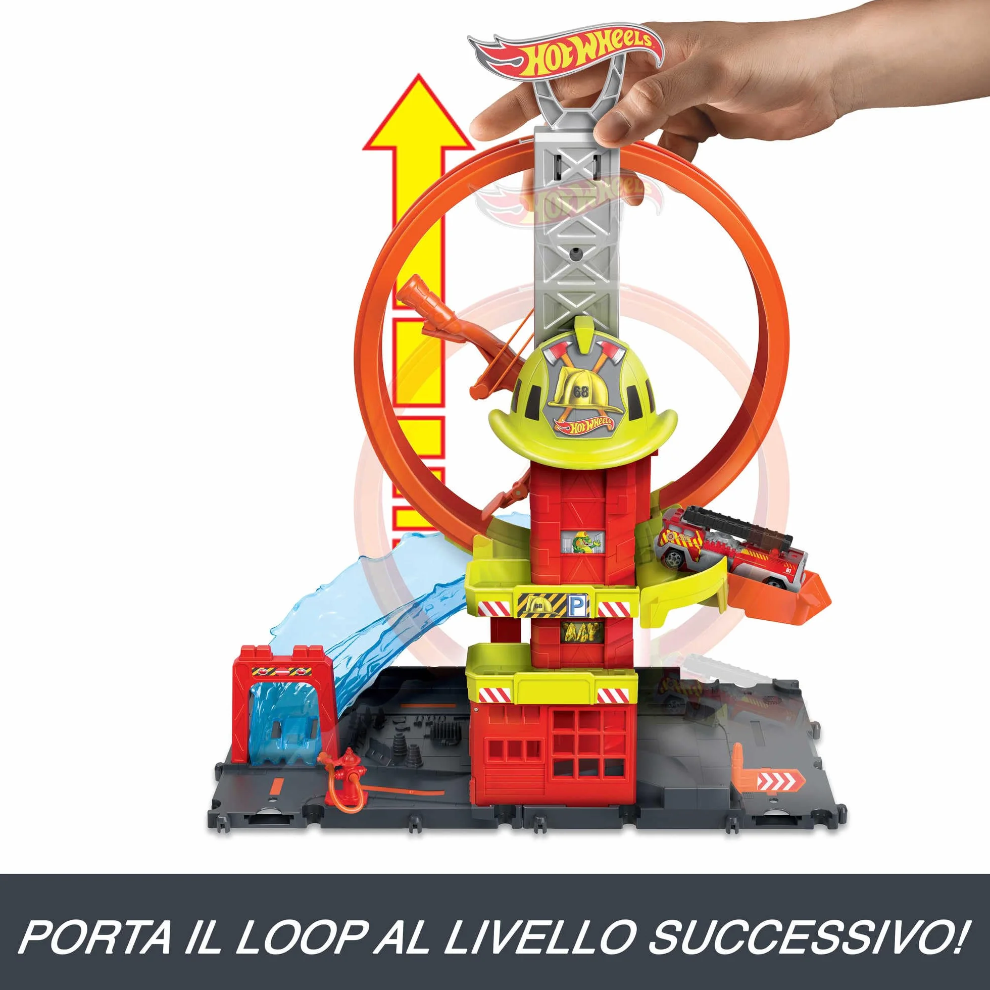 Hot Wheels - City Caserma dei Pompieri con Super Loop, con 1 macchinina, ascensore azionato manualmente, rampa simil-acquatica, Giocattolo per Bambini 4+ Anni, HKX41
