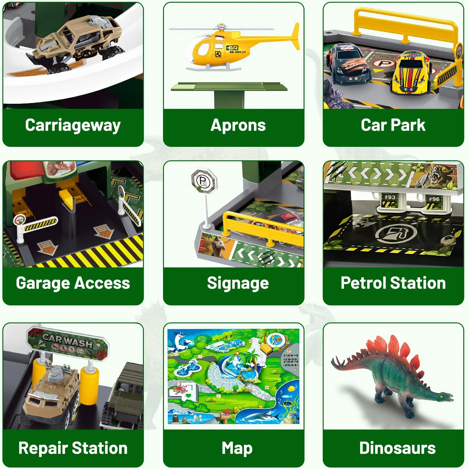 BuzzoXerex 5 Piani Garage Mmacchine per Bambini, Parcheggio Macchinine con 14 Autos e 2 Elicottero, Giocattolo Auto Garage con Ascensore e Rampe, Idea Regalo per Bambini 5 6 7 8 9 Anni (Dinosauro)