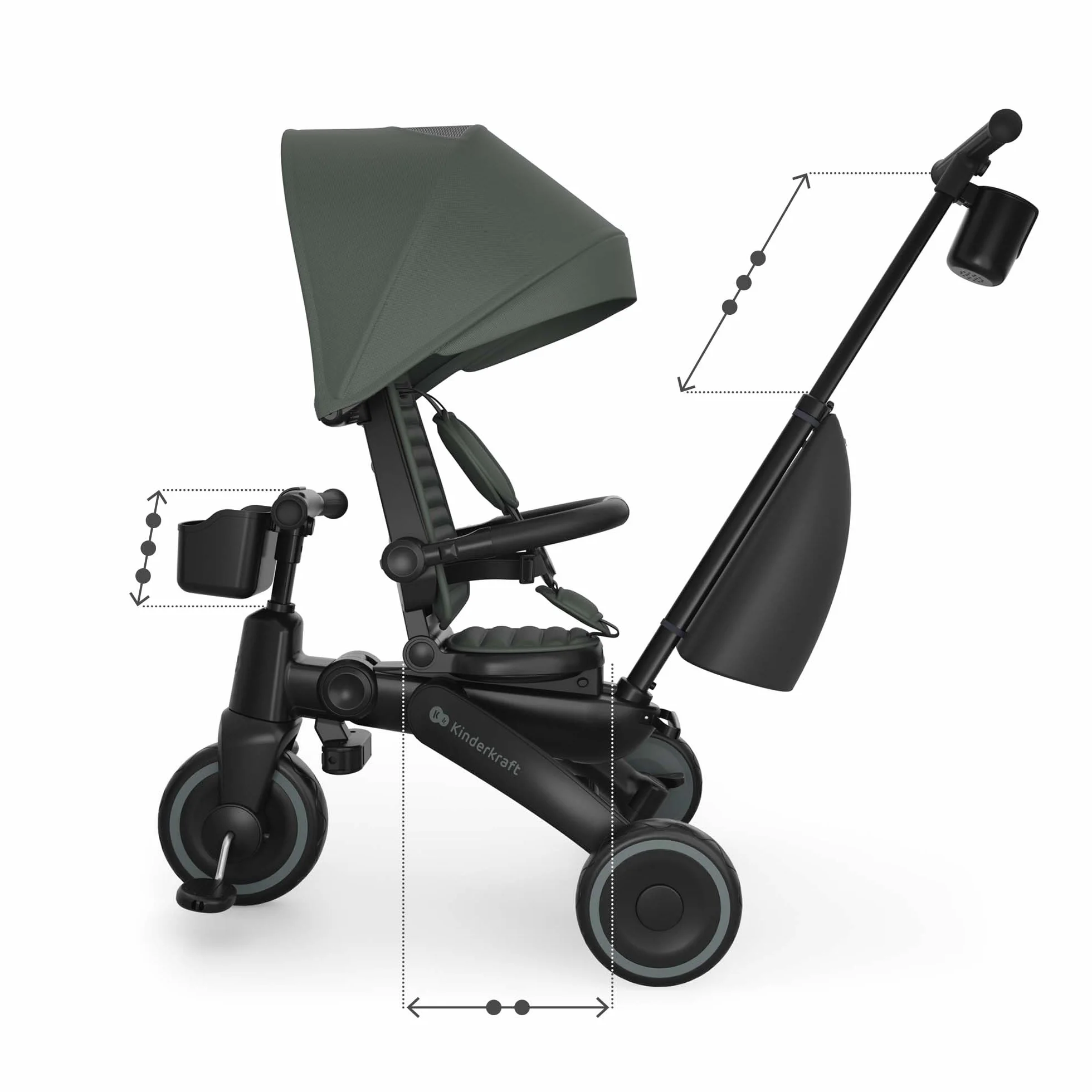 Kinderkraft JAZZ 3 triciclo pieghevole 9 mesi-25 kg, seduta 360°, semi-reclinabile fronte/retro, capotta UPF 50+ impermeabile, ruota libera, chiusura compatta, Verde