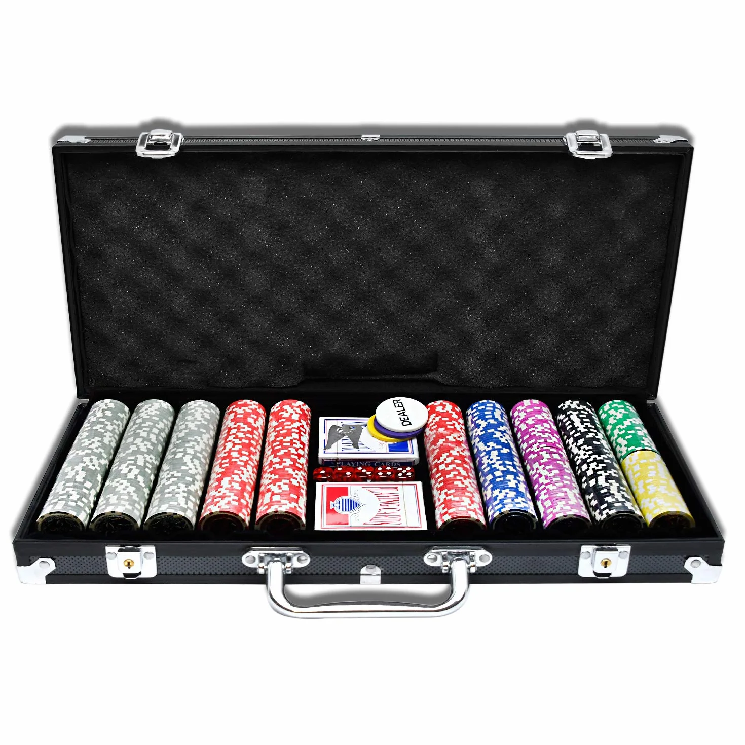 LZQ Custodia da poker 500 chip Texas Hold'em, con custodia nera in alluminio per il trasporto e chip da casinò, 2 giochi di carte dealer Small Blind Big Blind Buttons e 5 dadi