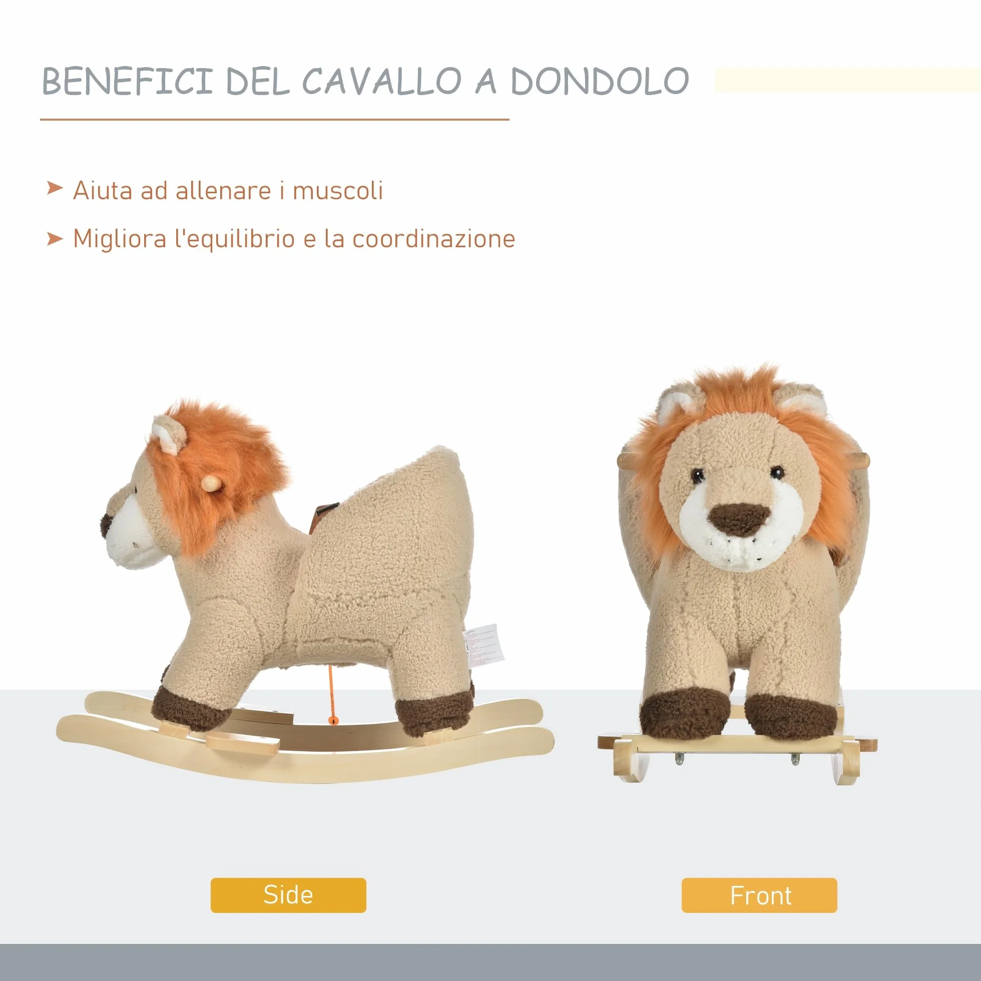 HOMCOM Dondolo Giocattolo a Forma di Leone per Bambini 18-36 Mesi, Ruggisce (3 Batterie Incluse), in Legno e Peluche