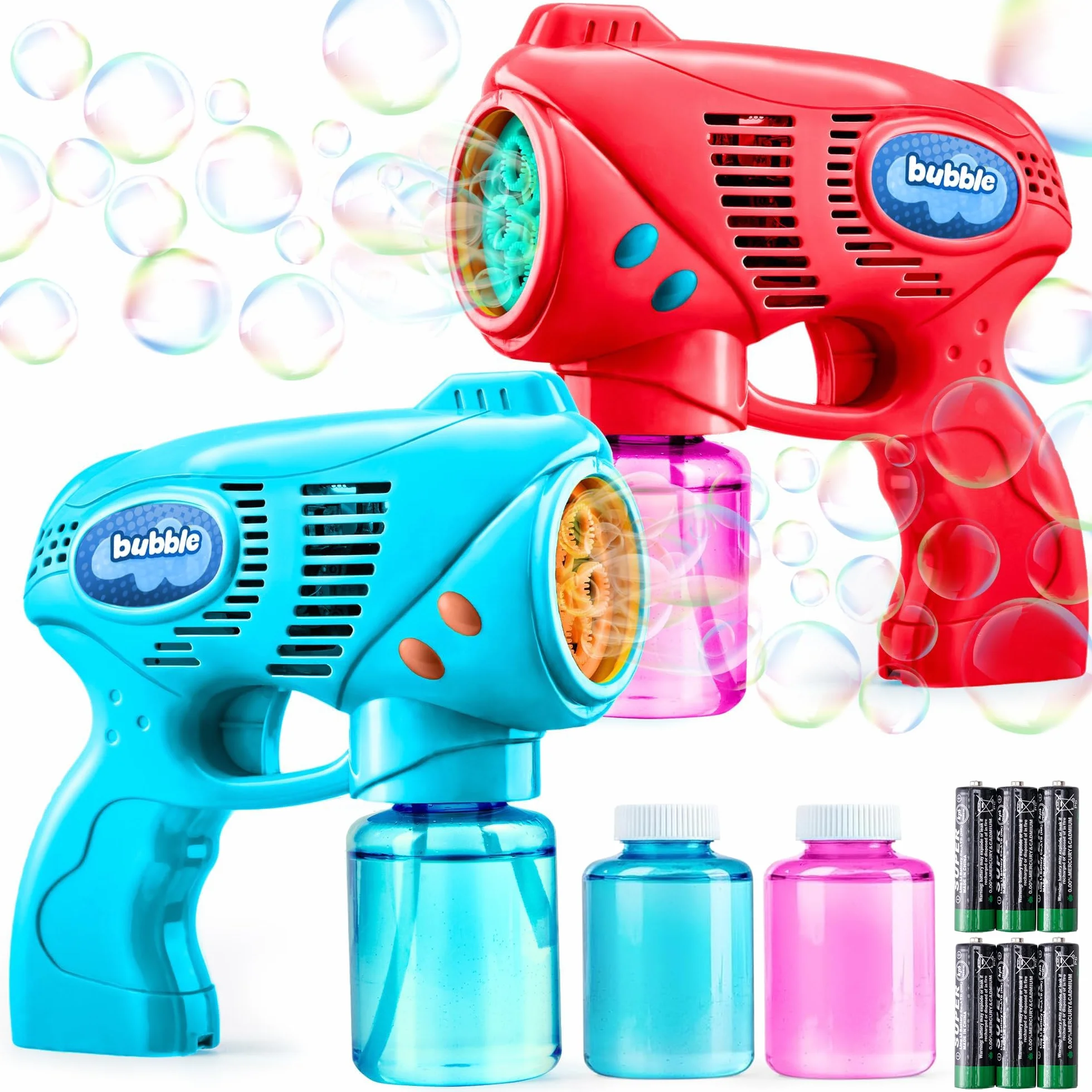 2 pezzi Pistola a Bolle Colorata con 2 Bottiglie di Soluzione di Bolle da 147ml per Bambini Giochi all'aperto e al coperto Festa a tema d'estate Compleanno