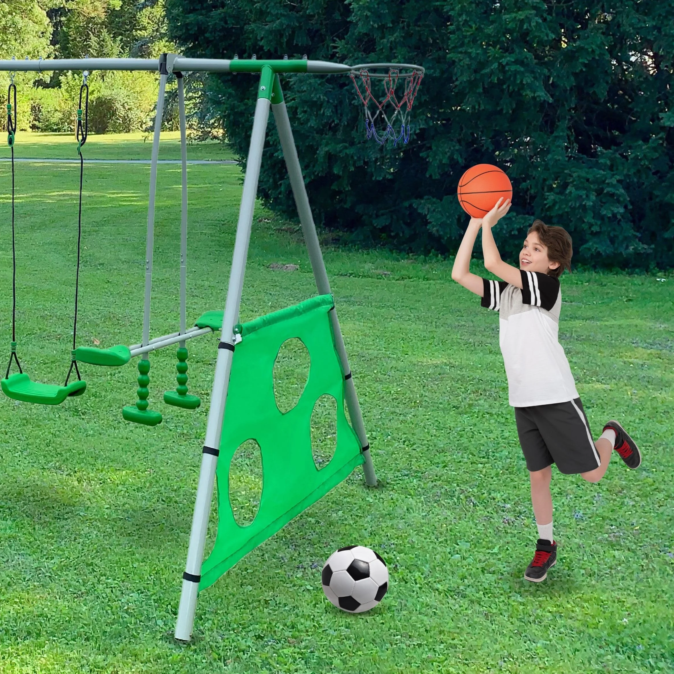 HyperMotion Swing HYP9 Parco giochi XXXL - Altalene Doppia e Singola, Scivolo, Trapezio, Cestino Basket, Scot Calcio - per 6 Bambini 3+ anni, 300 kg Max - Verde